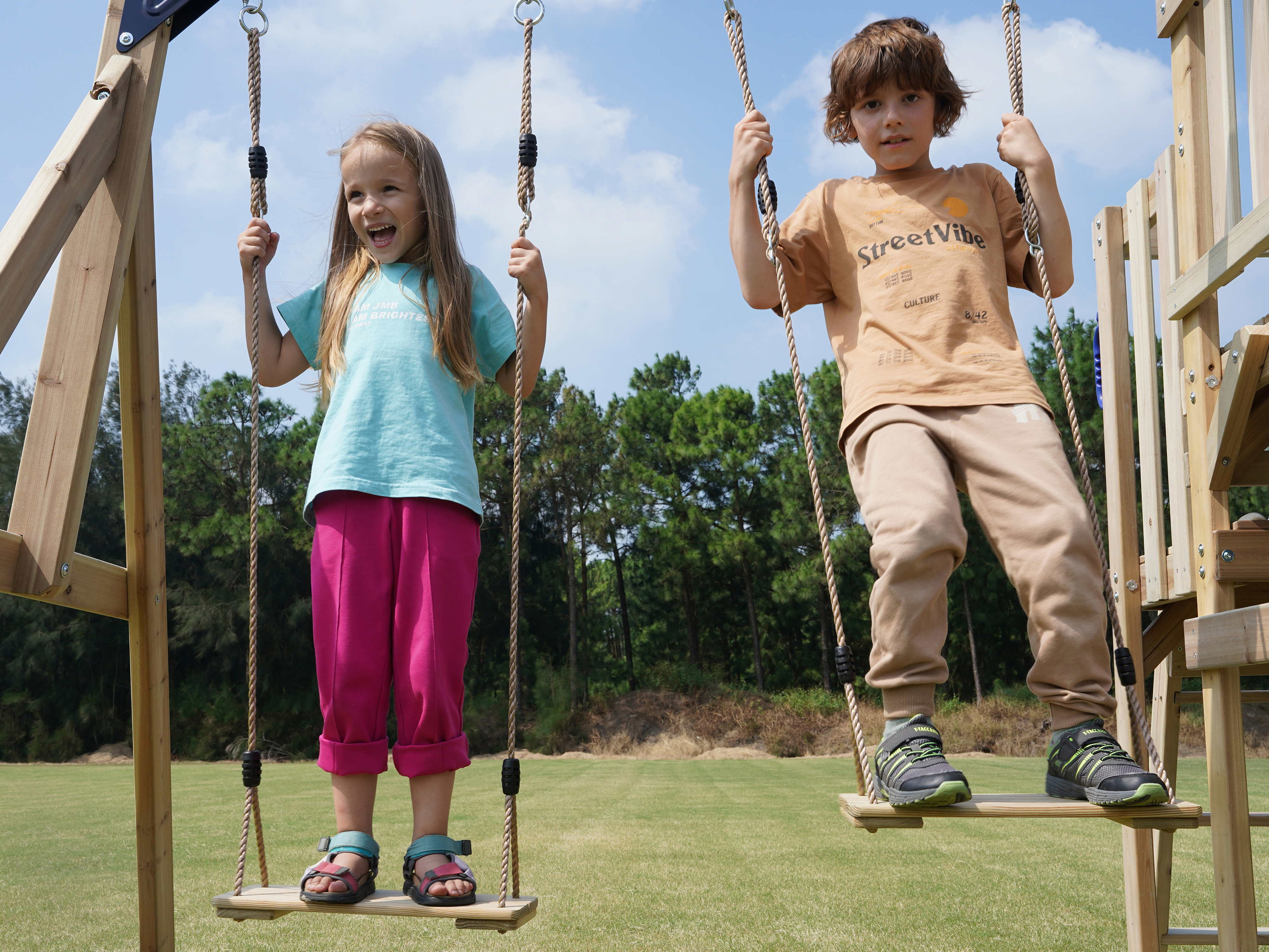 AXI Mette Climbing Frame with Double Swing Set and Picnic Table - Pastel Pink Slide