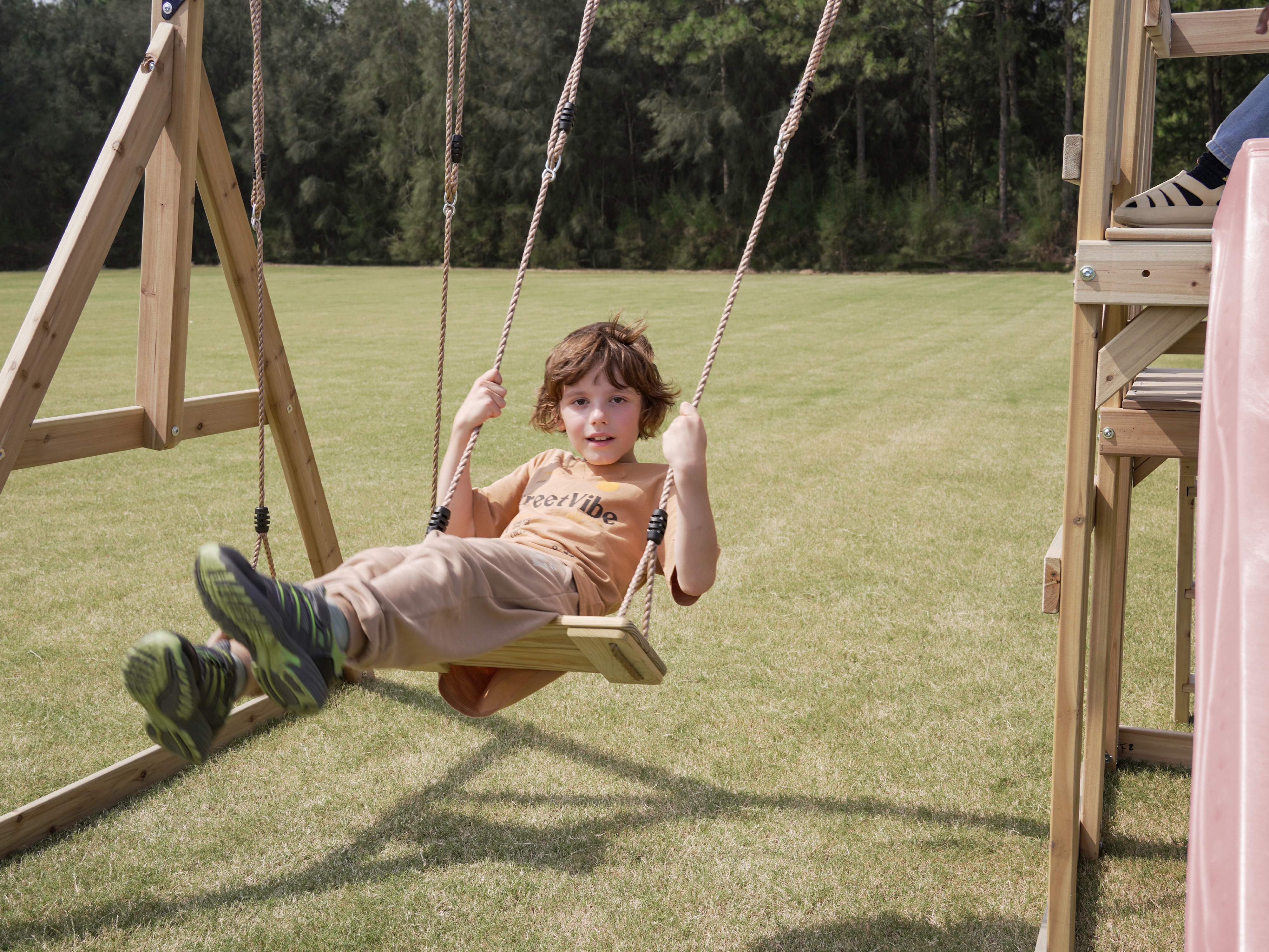 AXI Mette Climbing Frame with Double Swing Set and Picnic Table - Pastel Pink Slide