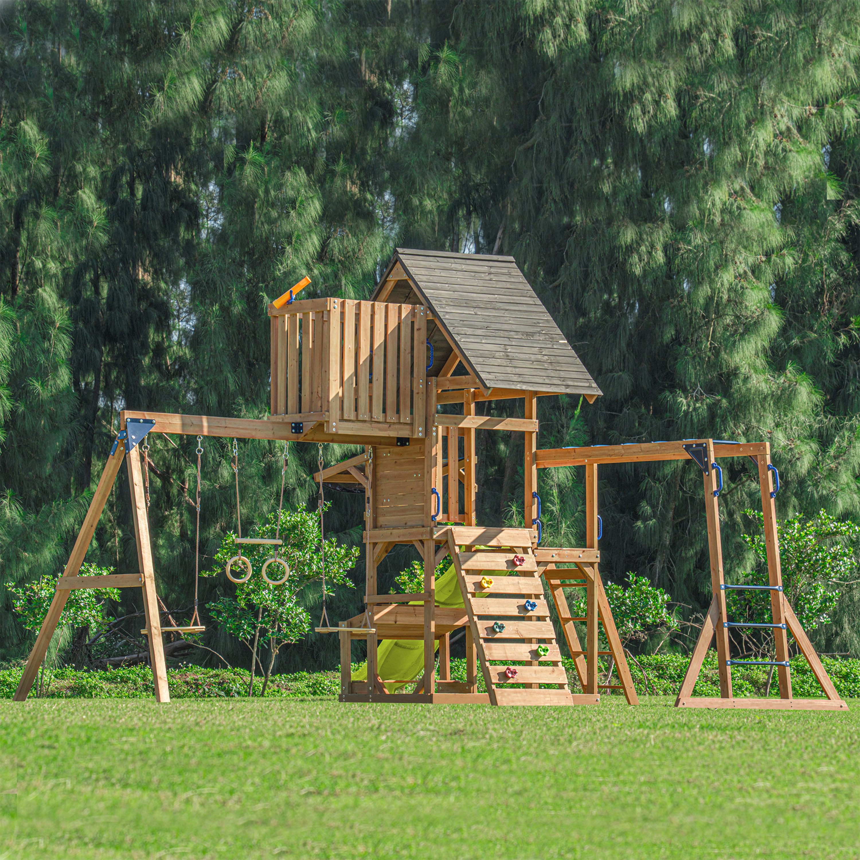 AXI Mitch Climbing Frame with Double Swing. Trapeze and Lookout Tower – Lime Green Slide