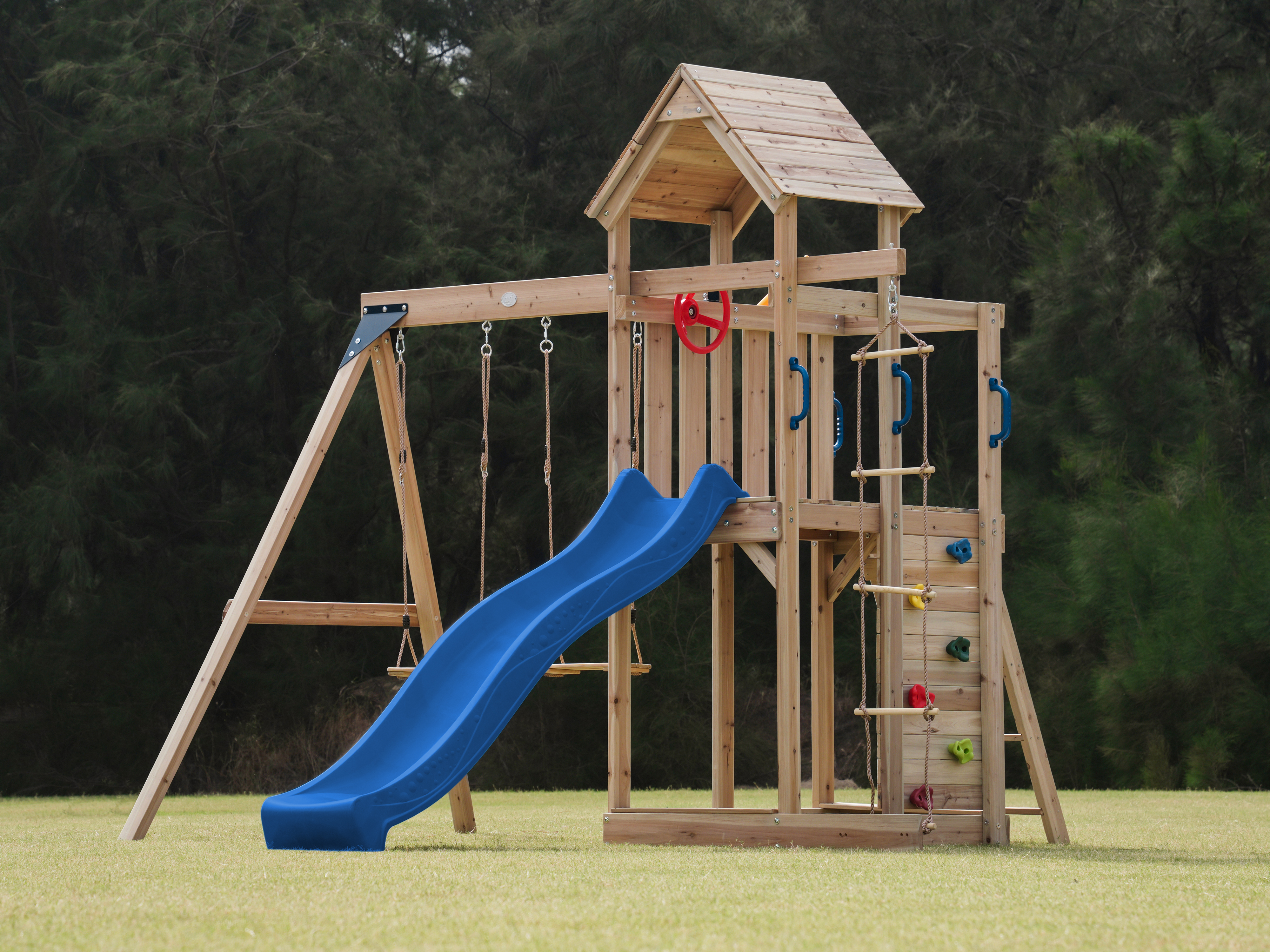 AXI Moos Play Set with Double Swing and Rope Ladder Brown - Blue Slide -8720365062100 AXI Moos Play Set with Double Swing and Rope Ladder Brown - Blue Slide