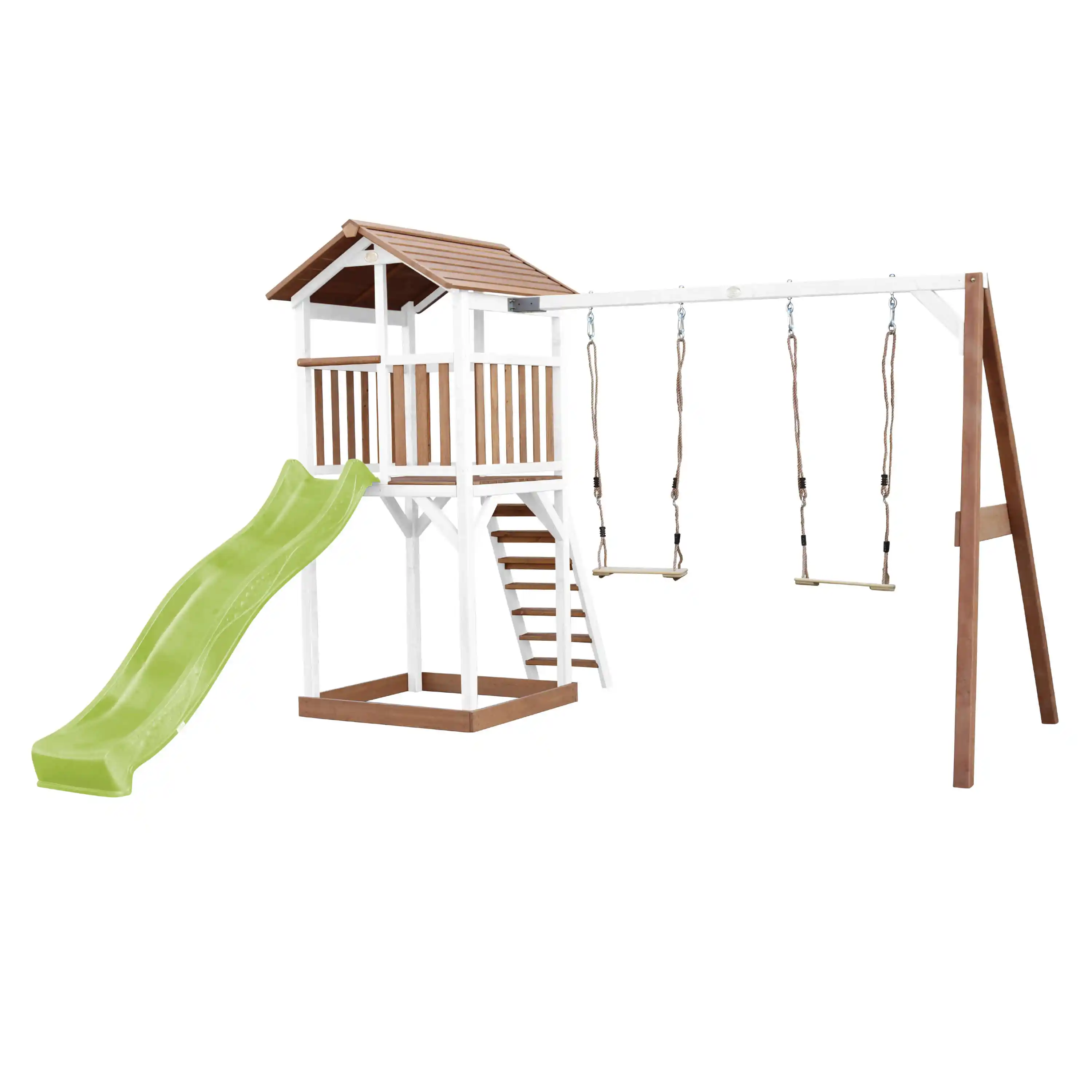 AXI Beach Tower Speeltoren met Dubbele Schommel Bruin/wit - Limoen groene Glijbaan