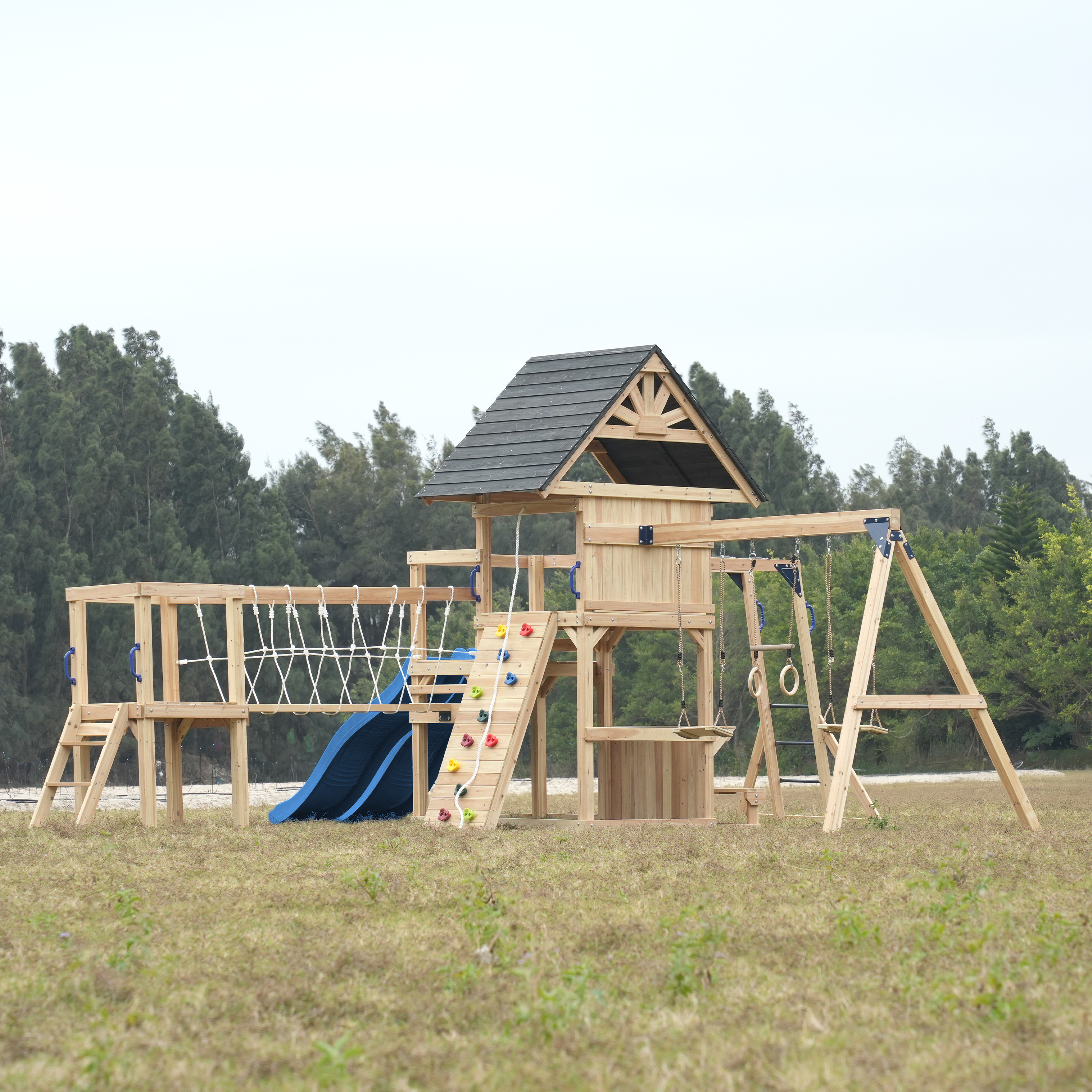 AXI Hunter Climbing Frame with Swings, Climbing Frame, Climbing Bridge and Multiple Platforms – Blue Double Slide