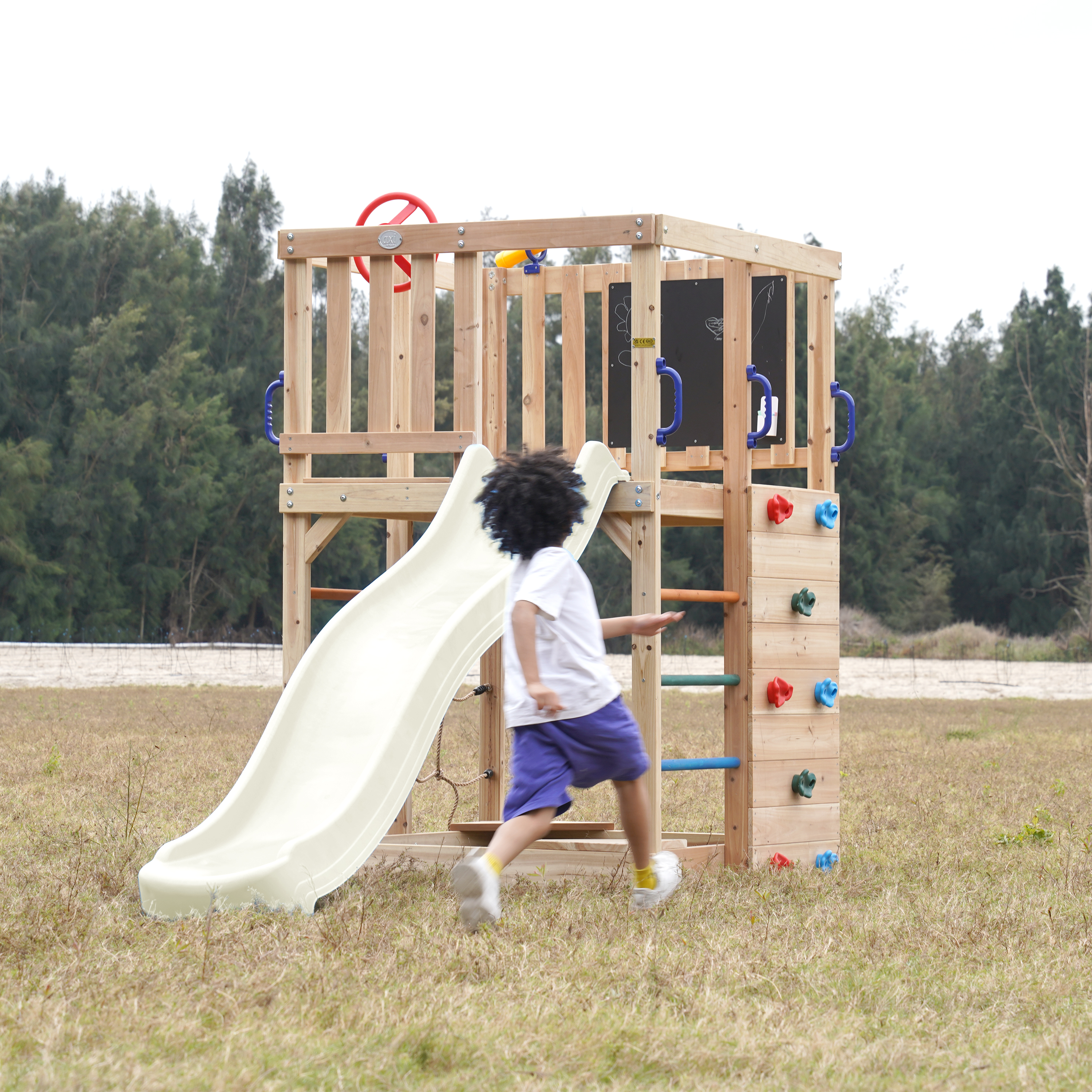 AXI Sam Climbing Frame with Climbing Wall. Climbing Net and Monkey Bars – Cream Slide