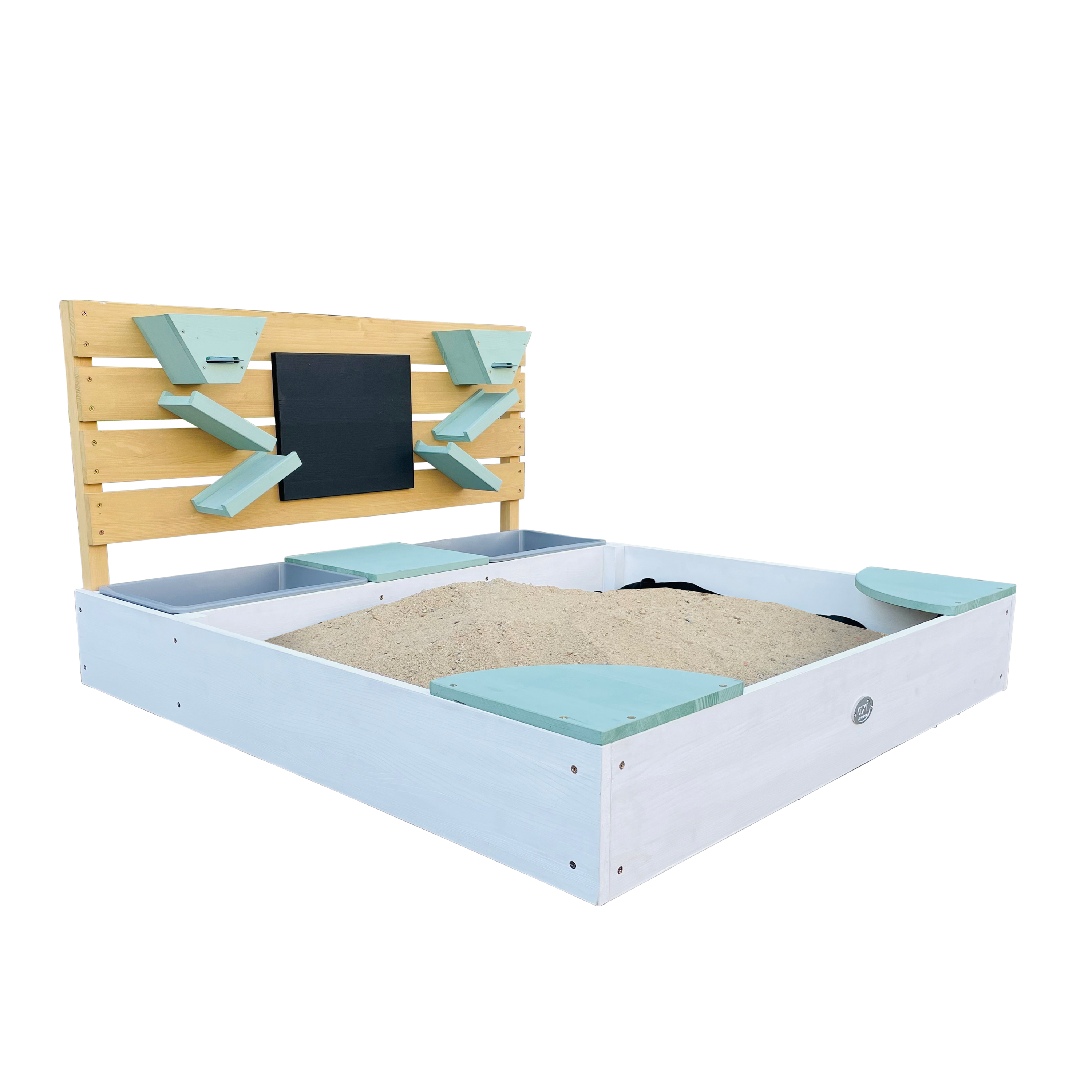 AXI Cato sandbox with sand & water trays and Play wall White/green-8720365064081 AXI Cato sandbox with sand & water trays and Play wall White/green