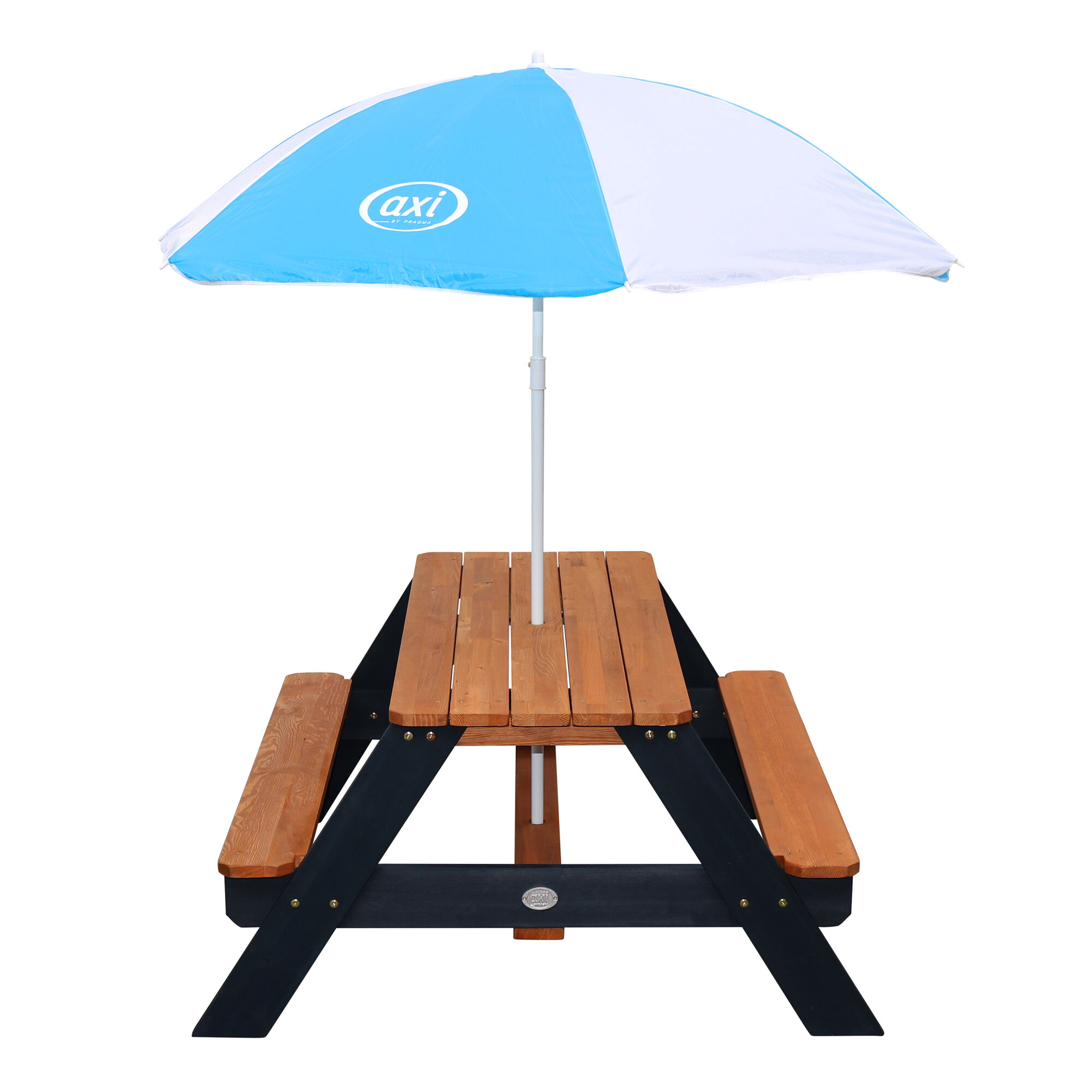 AXI Nick Picknicktafel Antraciet/bruin - Parasol Blauw/wit