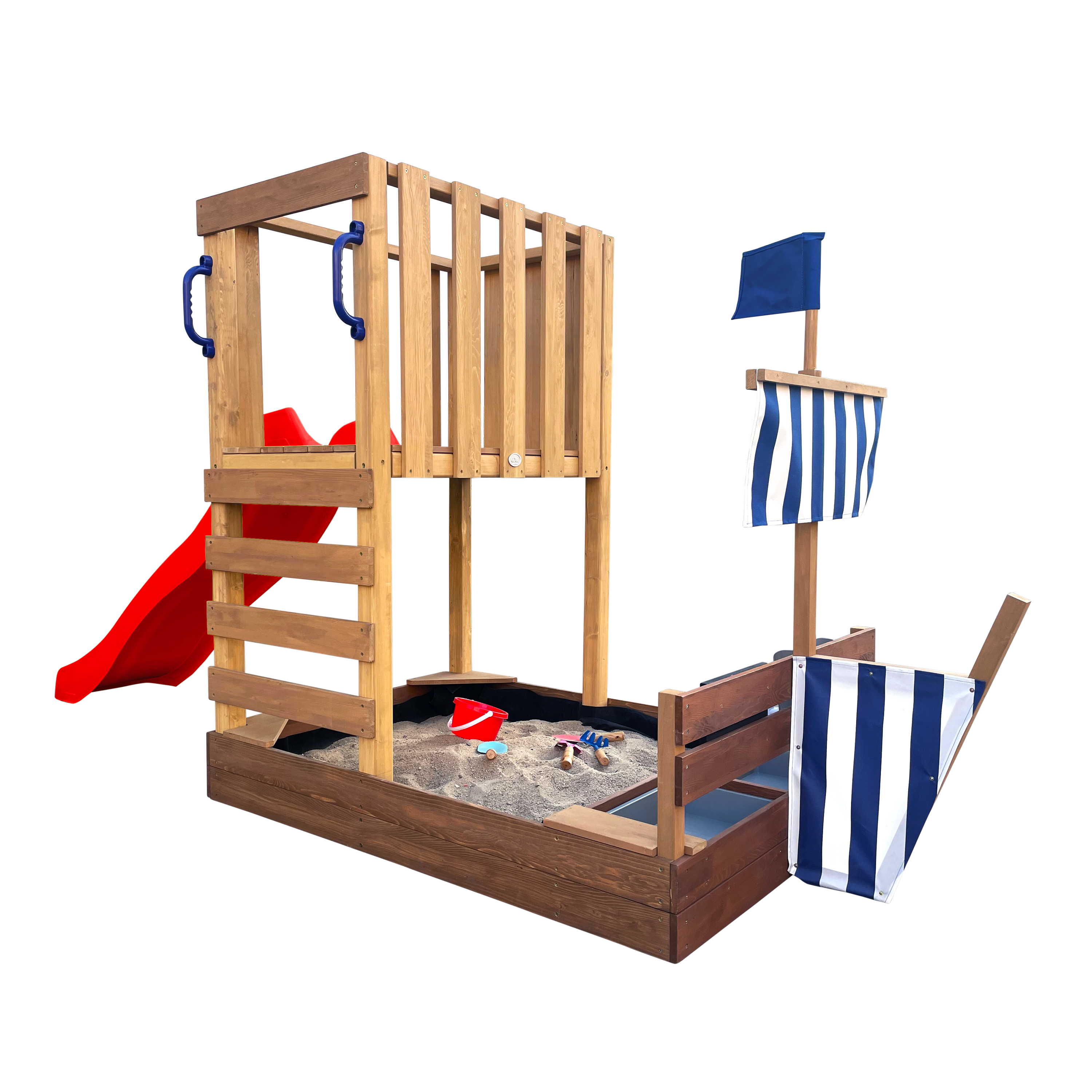 AXI Vicky Climbing Frame with Sandbox. Play Kitchen & Chalkboard – Red Slide