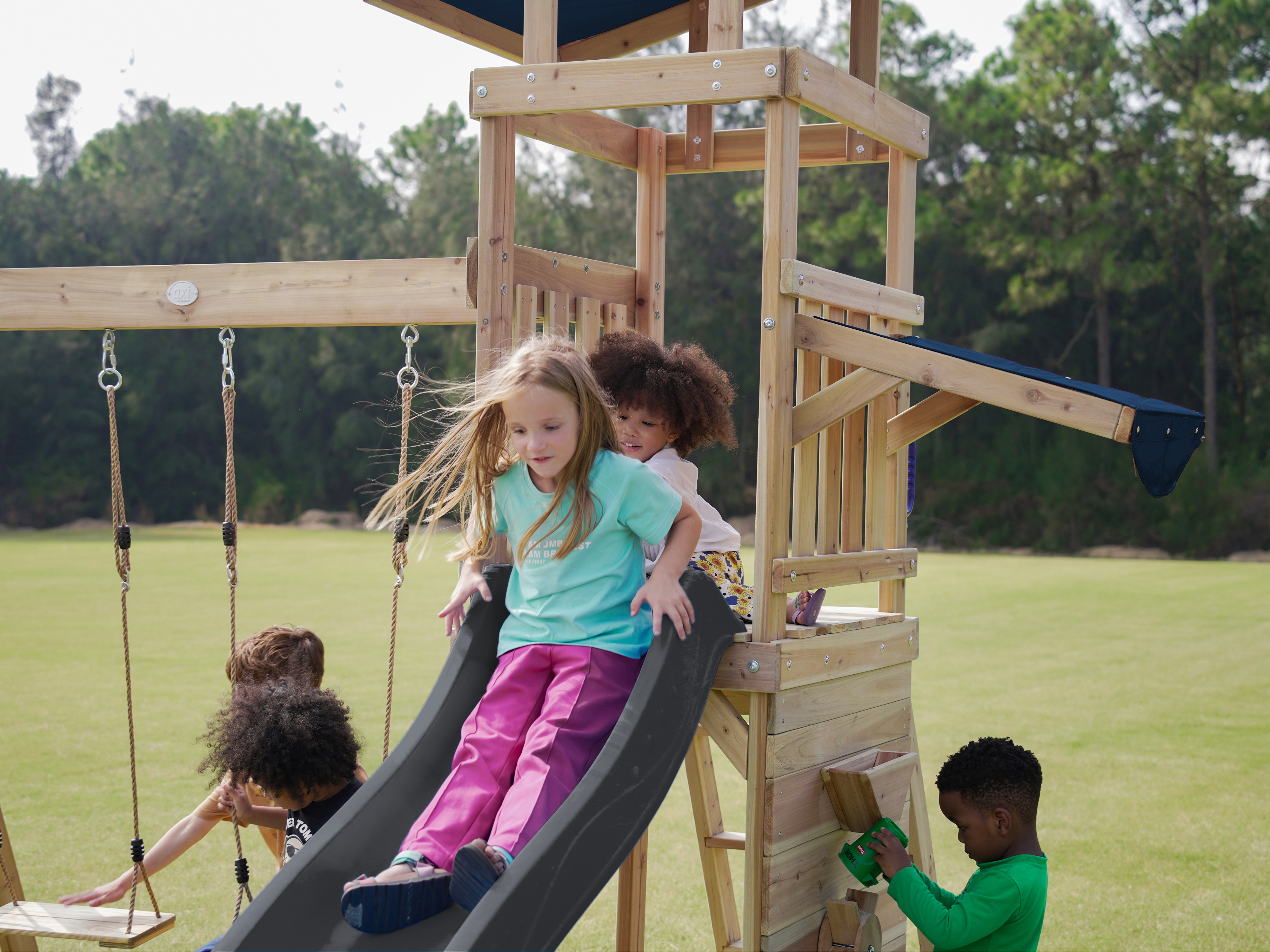 AXI Malik Climbing Frame with Double Swing Set - Grey Slide-8720365064401 AXI Malik Climbing Frame with Double Swing Set - Grey Slide