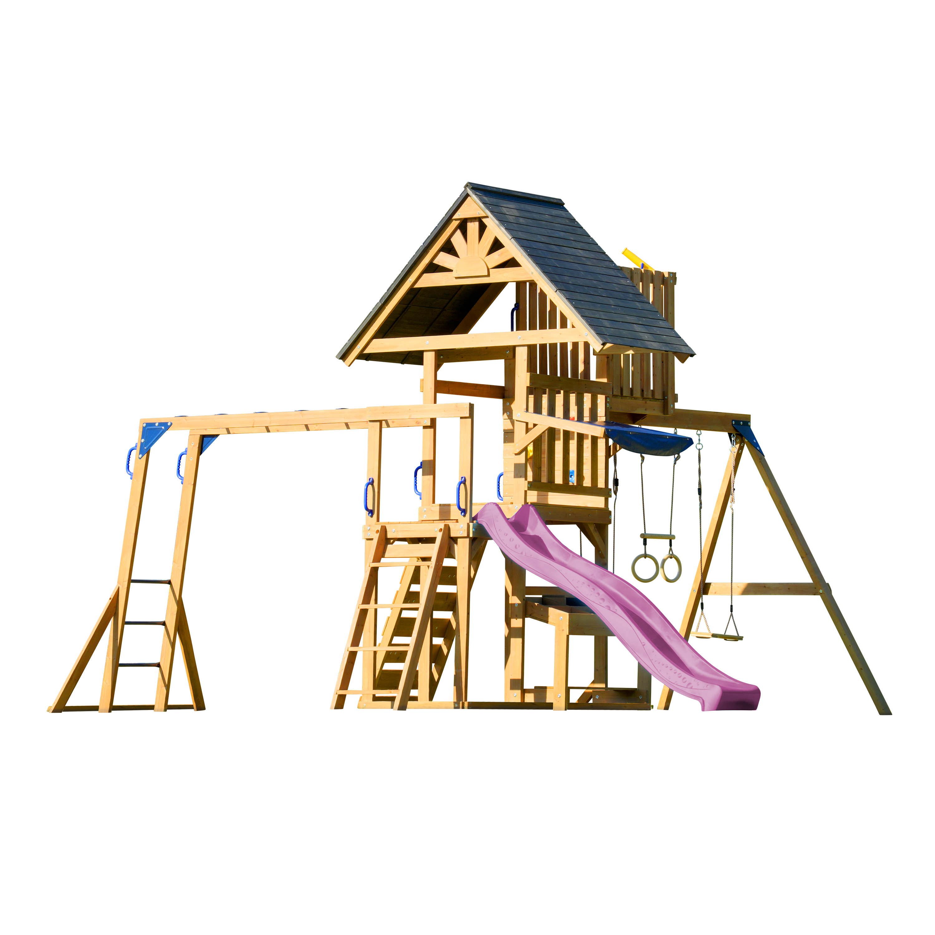 AXI Mitch Climbing Frame with Double Swing. Trapeze and Lookout Tower – Purple Slide