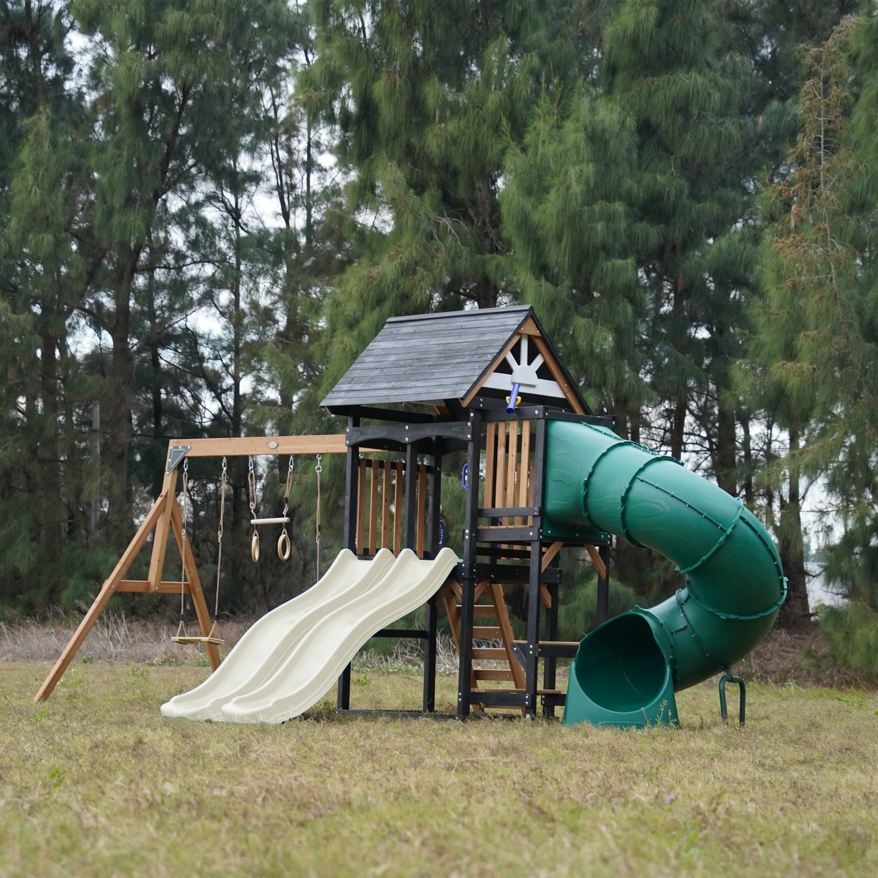 AXI Cody Climbing Frame with Swings, Trapeze and Climbing Wall – Cream Double Slide and Tube Slide