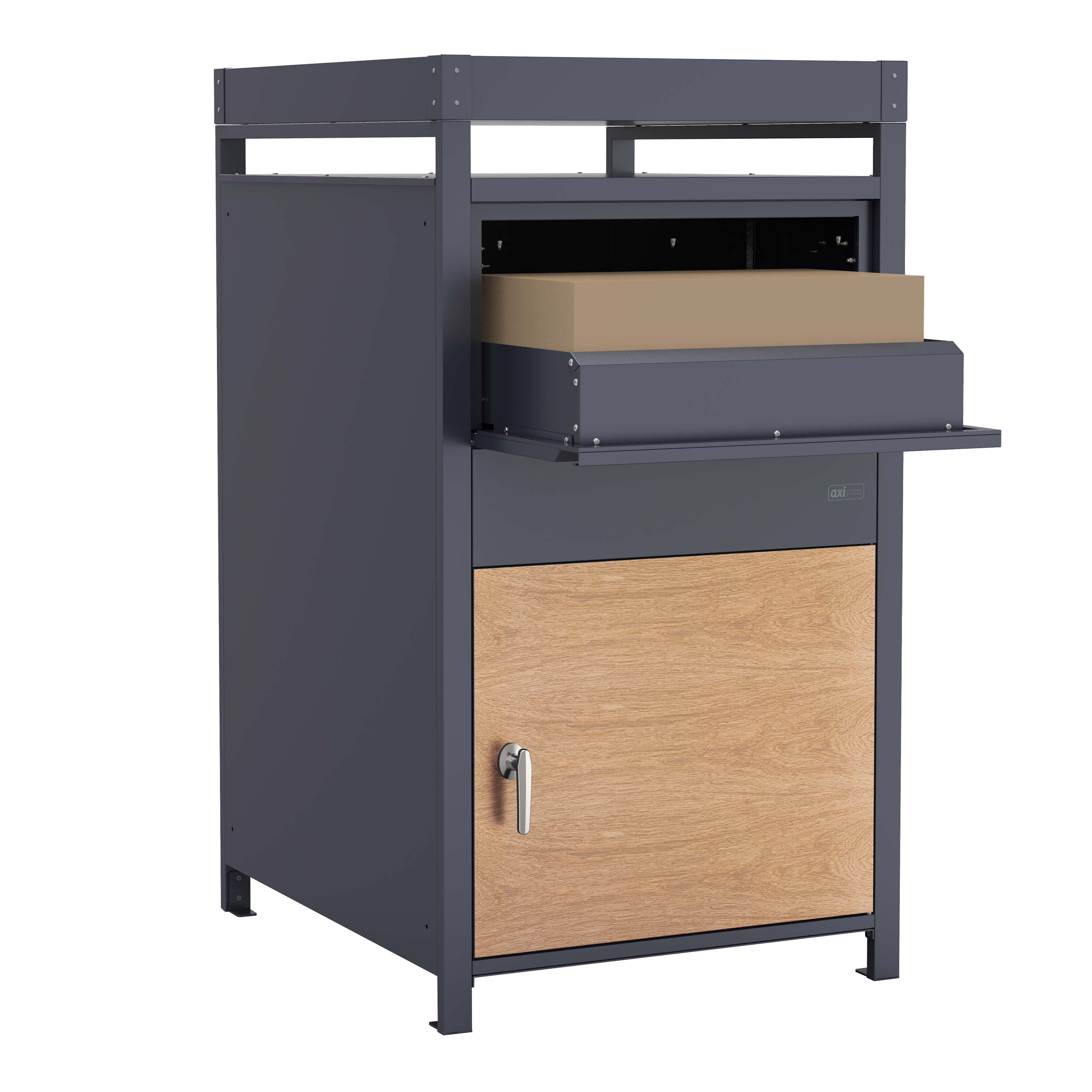 AXI Leon Bin Storage with Louis Parcel Postbox Anthracite/Wood Look – 3 Garbage Bins