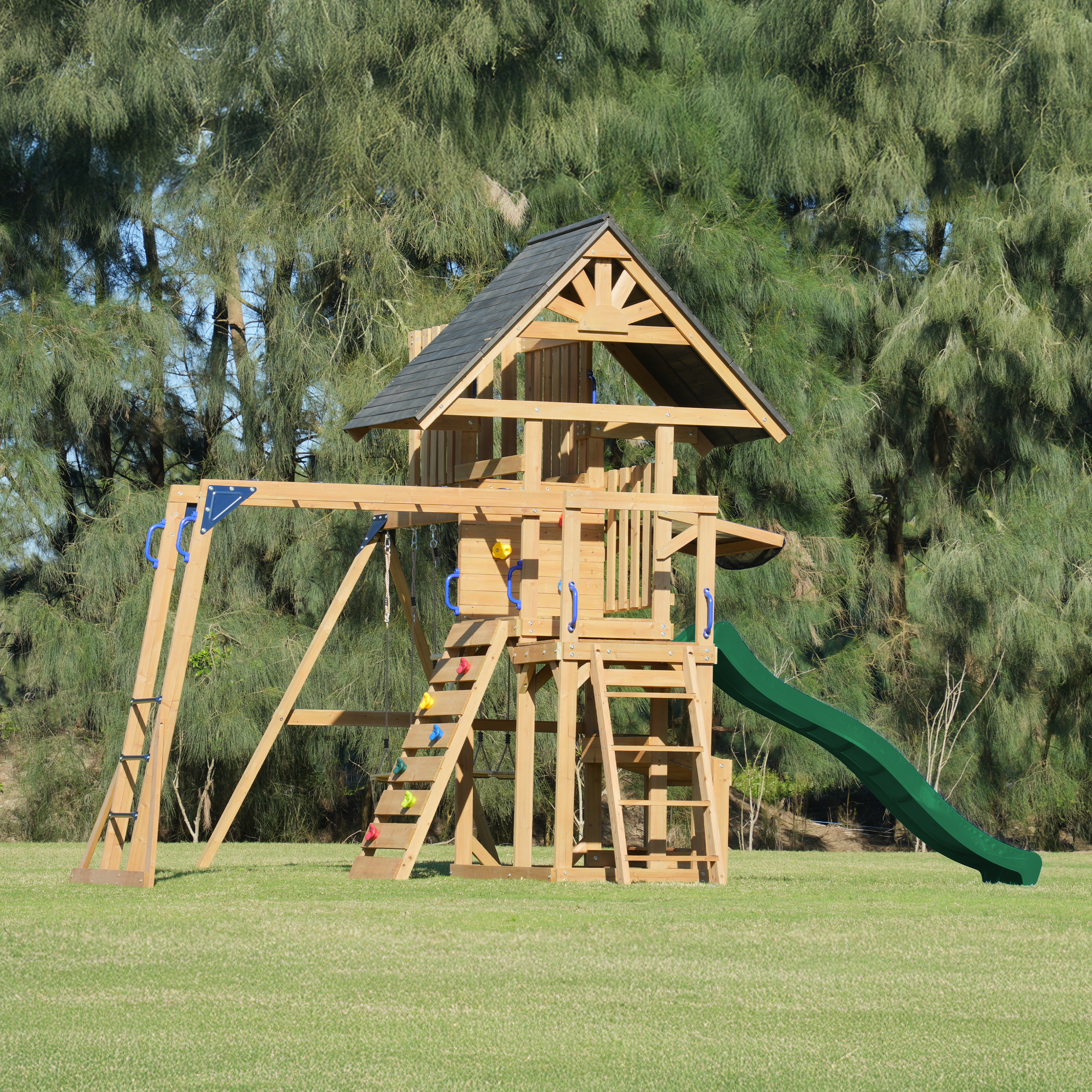 AXI Mitch Climbing Frame with Double Swing. Trapeze and Lookout Tower – Green Slide