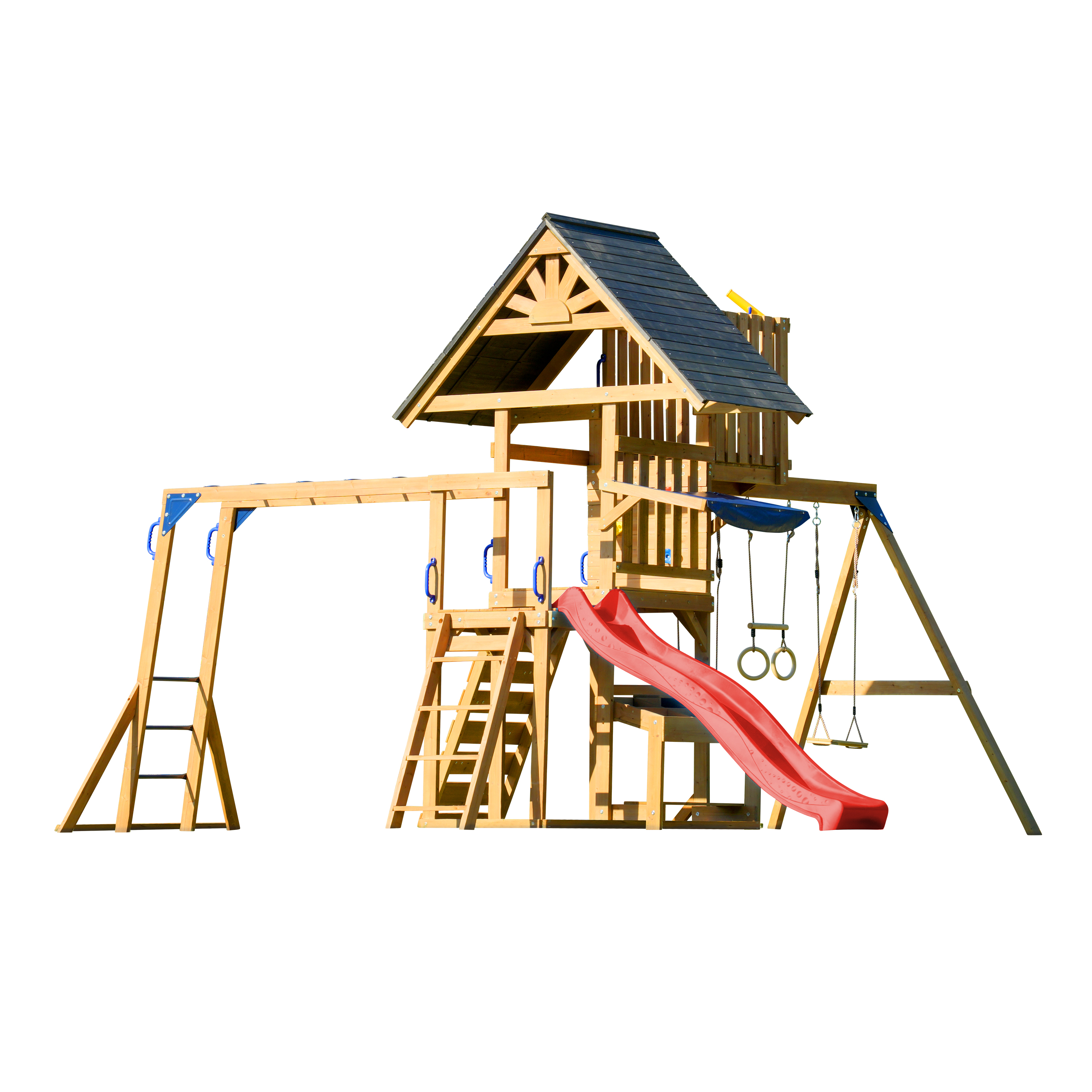 AXI Mitch Climbing Frame with Double Swing. Trapeze and Lookout Tower – Red Slide