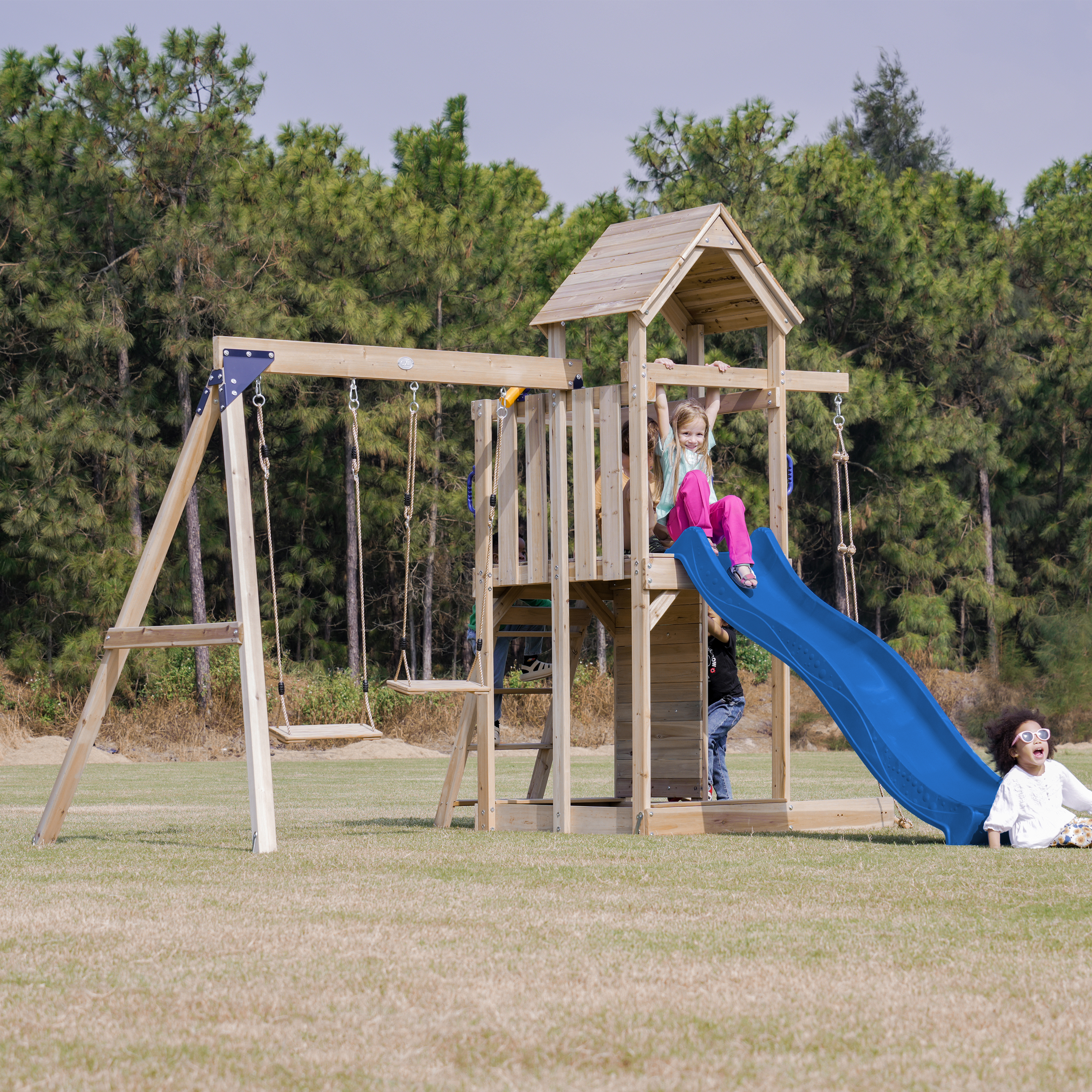AXI Moos Play Set with Double Swing and Rope Ladder Brown - Blue Slide -8720365062100 AXI Moos Play Set with Double Swing and Rope Ladder Brown - Blue Slide