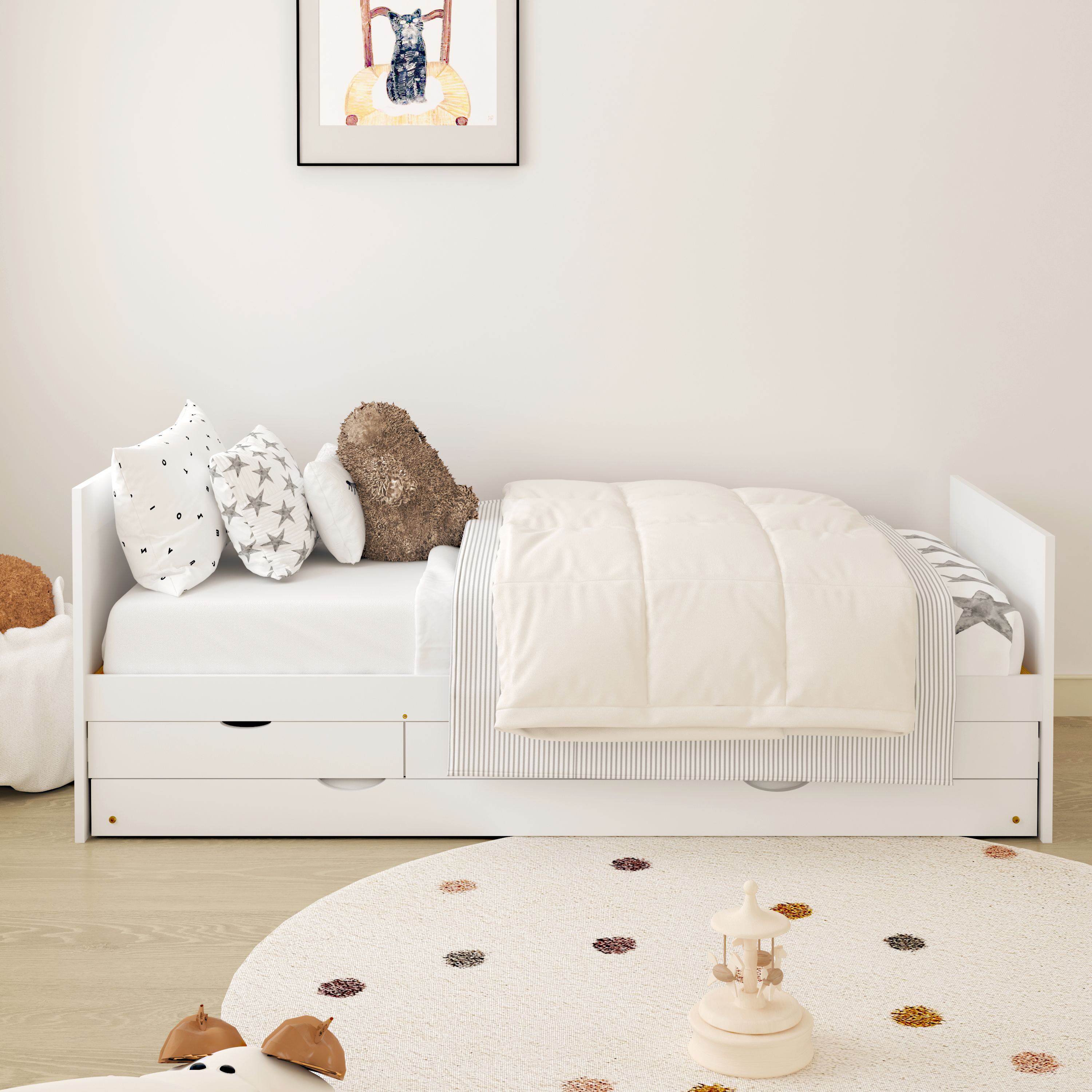 Sunny Eli Kids Bed with Pull-Out Bed and 3 Storage Drawers White – With Mattress