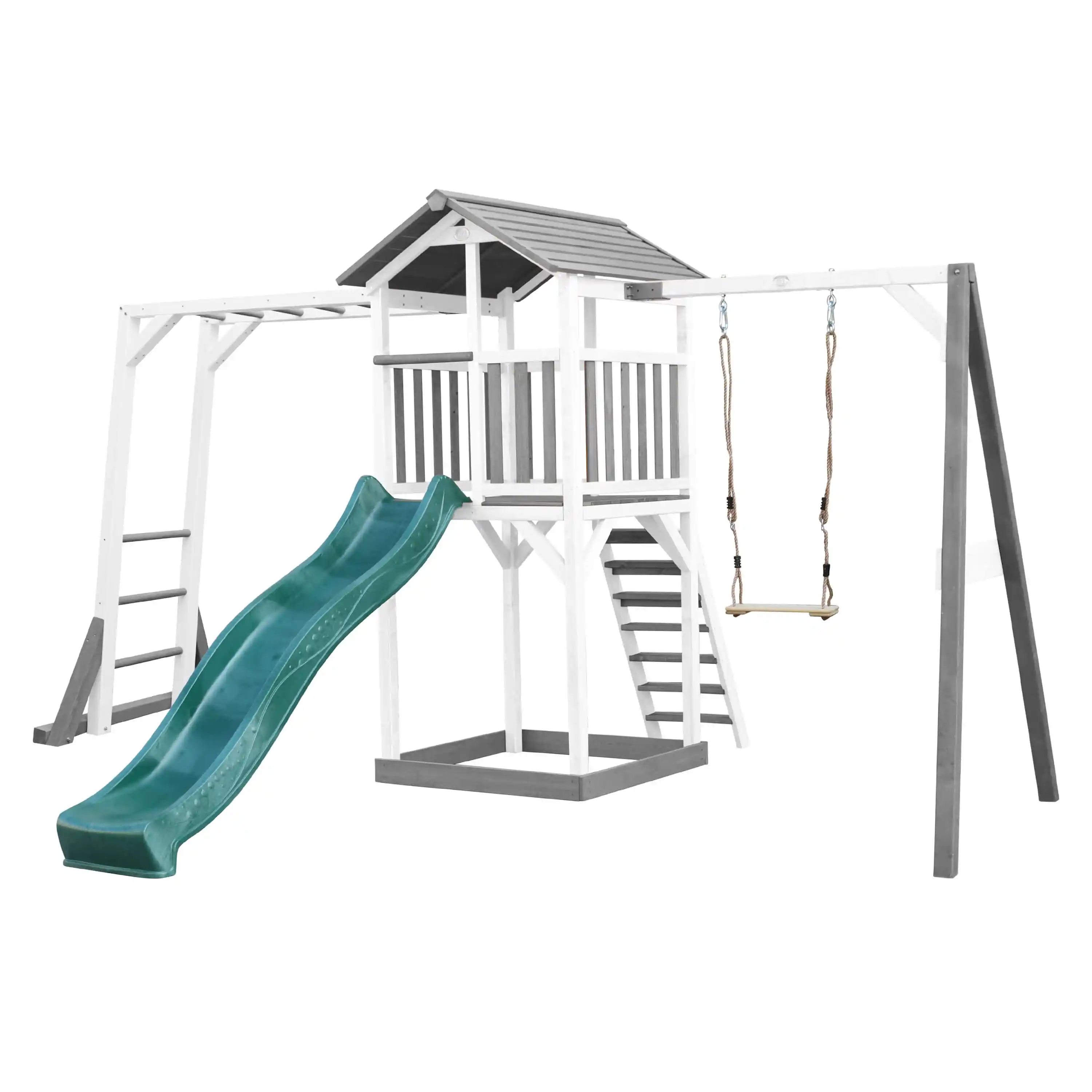 AXI Beach Tower Speeltoren met Klimrek en Enkele Schommel Grijs/wit - Groene Glijbaan
