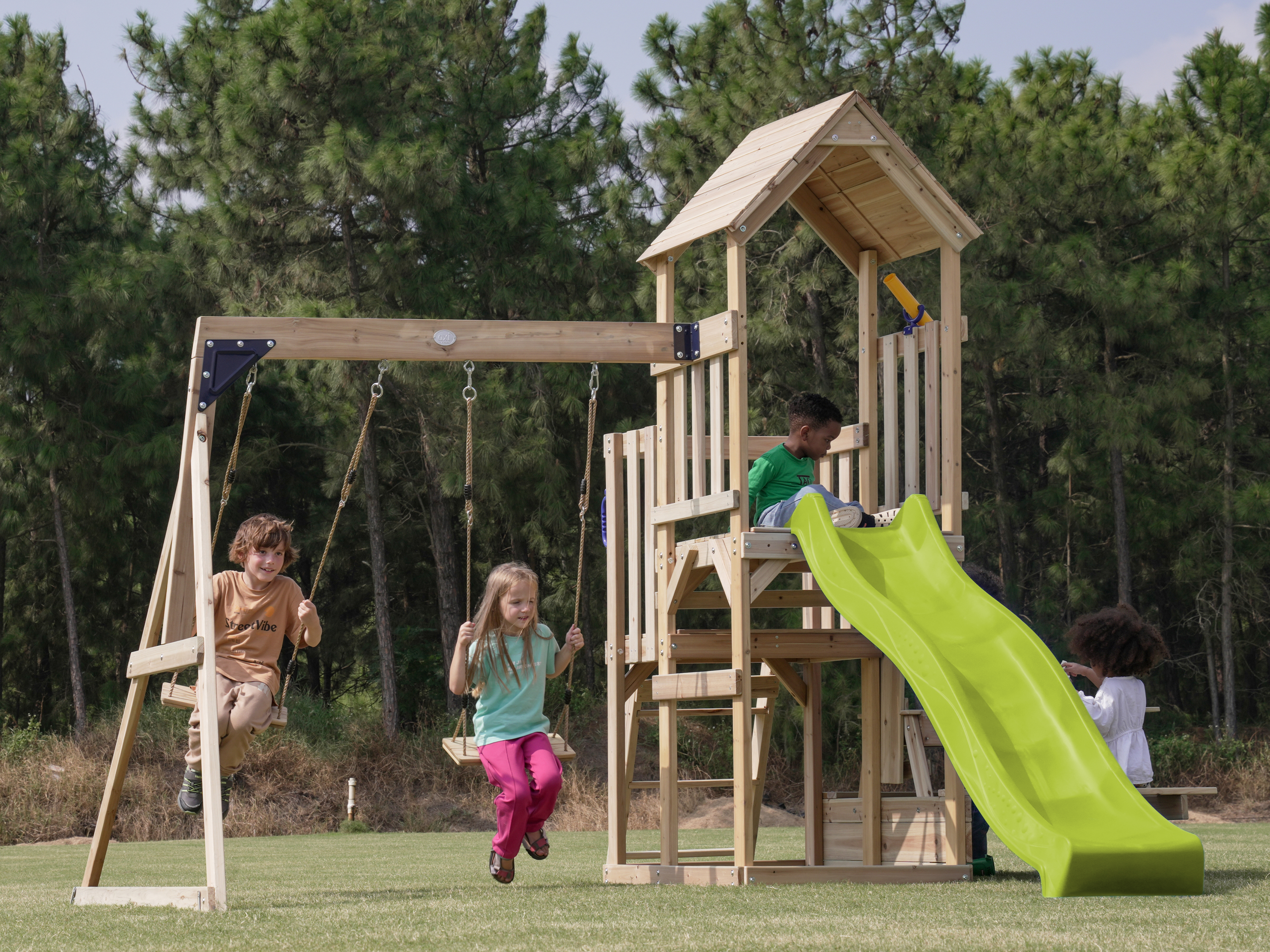 AXI Mette Playground with Double Swing Brown - Lime Green Slide 