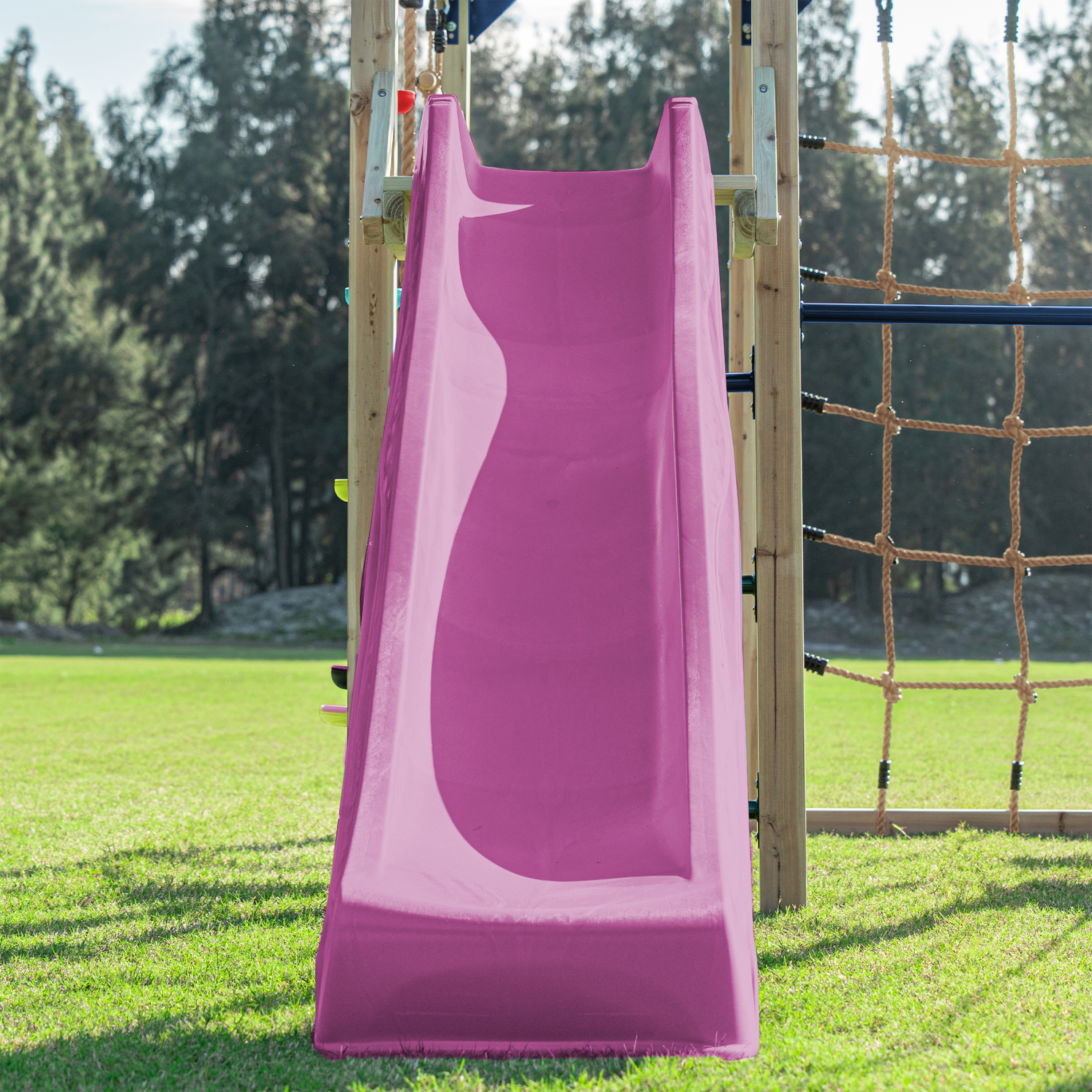 AXI Boris Wooden Playcentre with Swings. Trapeze. Climbing Nets and Monkey Bars – Purple Slide