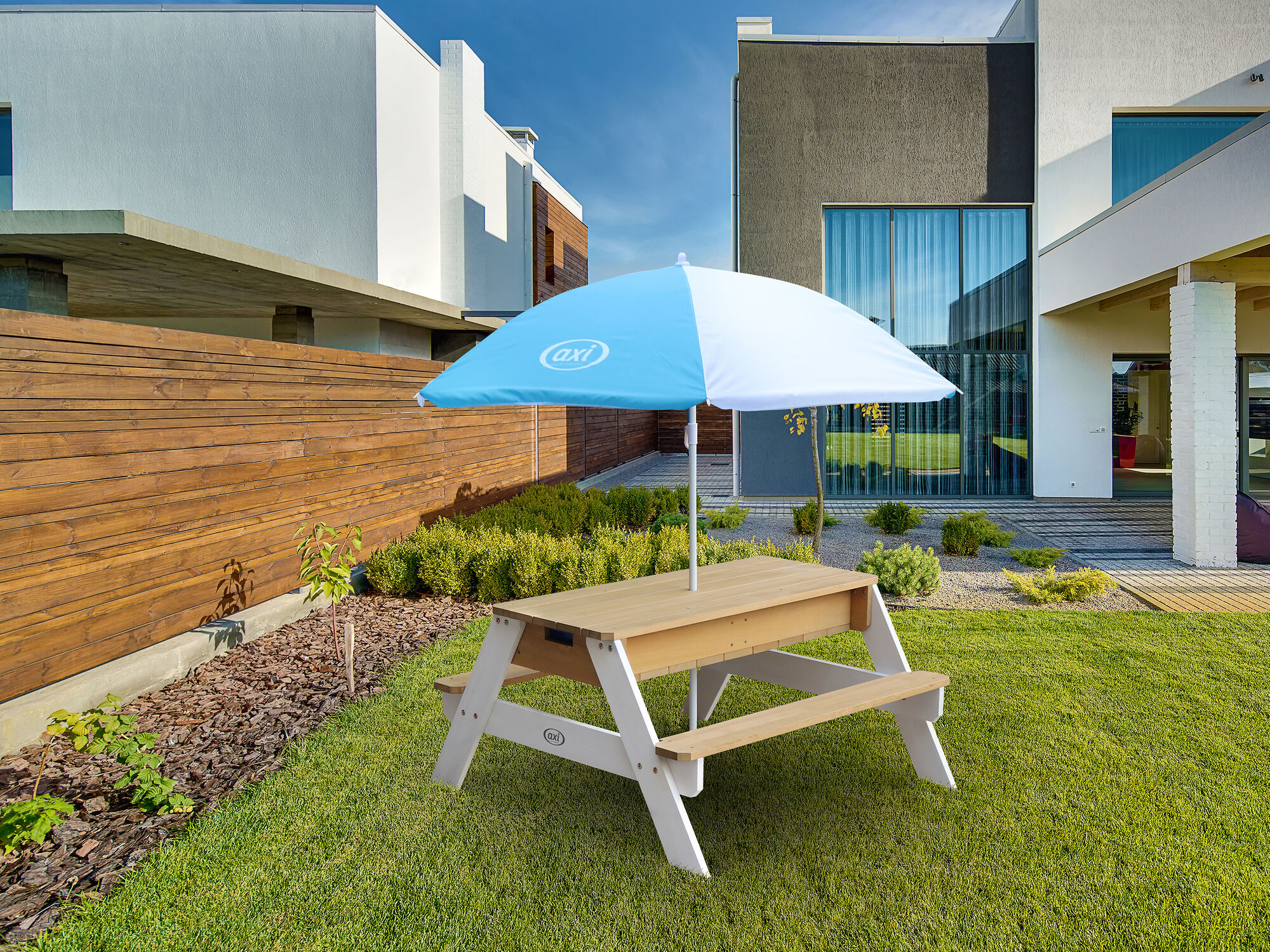 AXI Nick Zand & Water Picknicktafel Bruin/wit - Parasol Blauw/wit