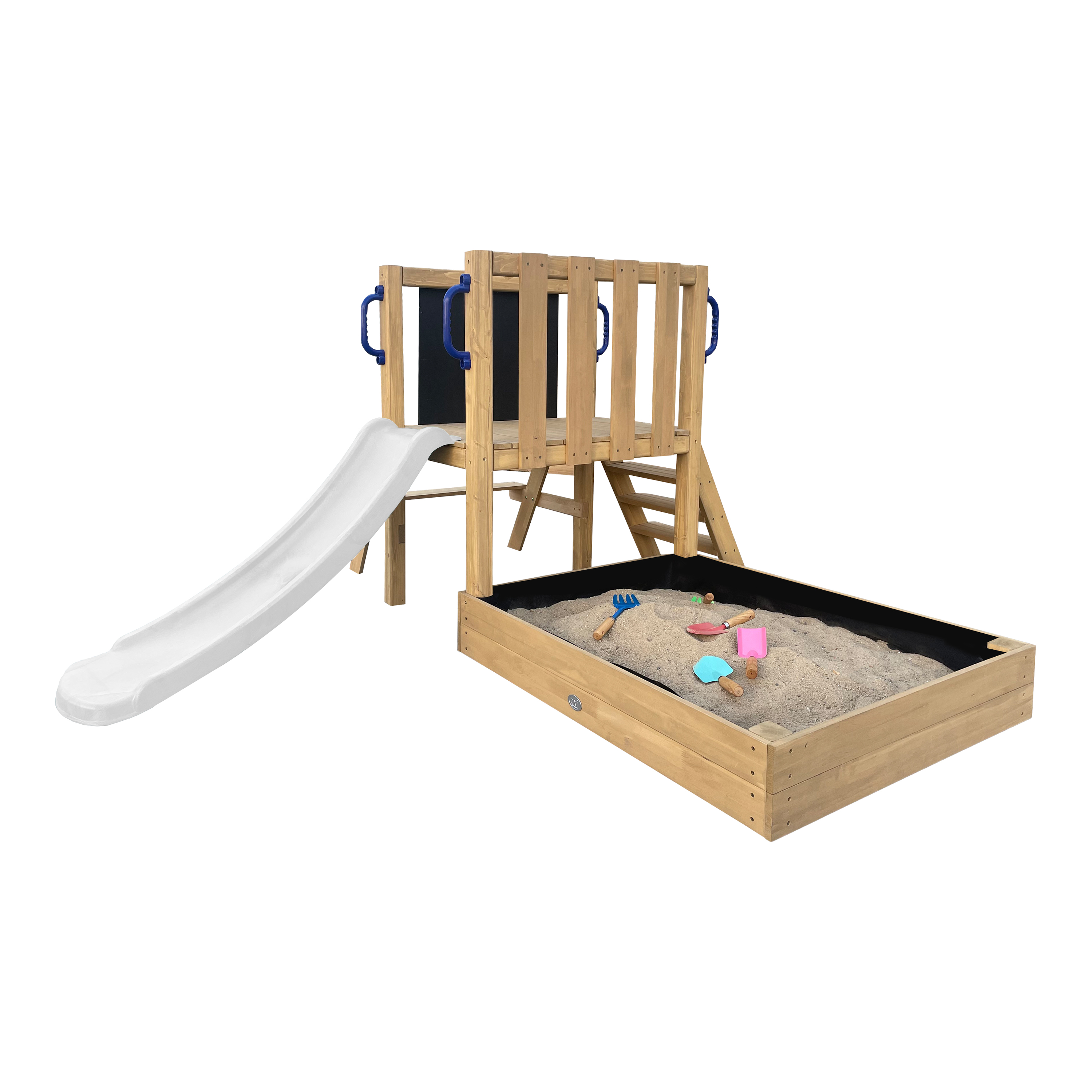 AXI Leah Mini Wooden Playtower with Sandbox. Picnic Table & Chalkboard – White Slide