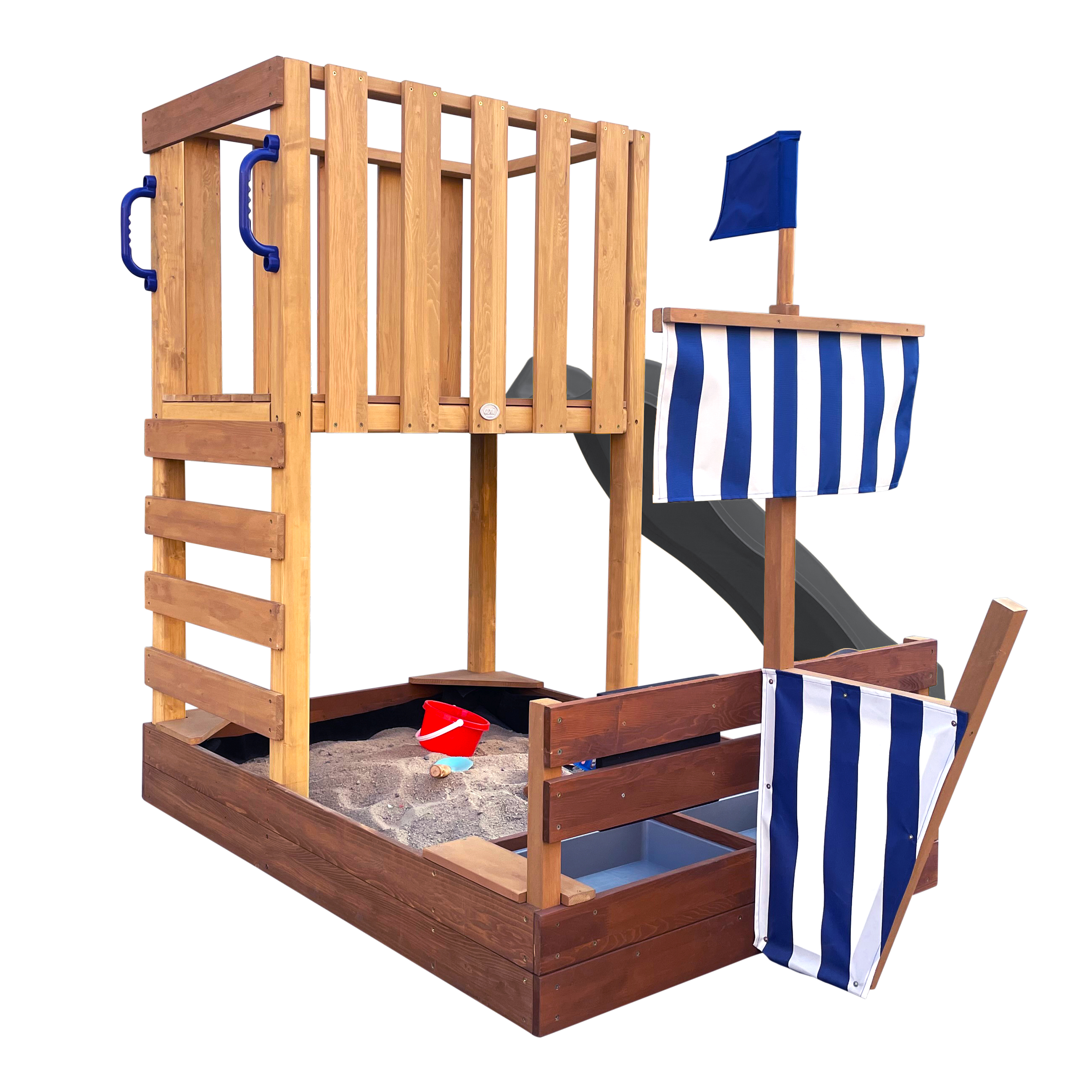 AXI Vicky Climbing Frame with Sandbox. Play Kitchen & Chalkboard – Grey Slide