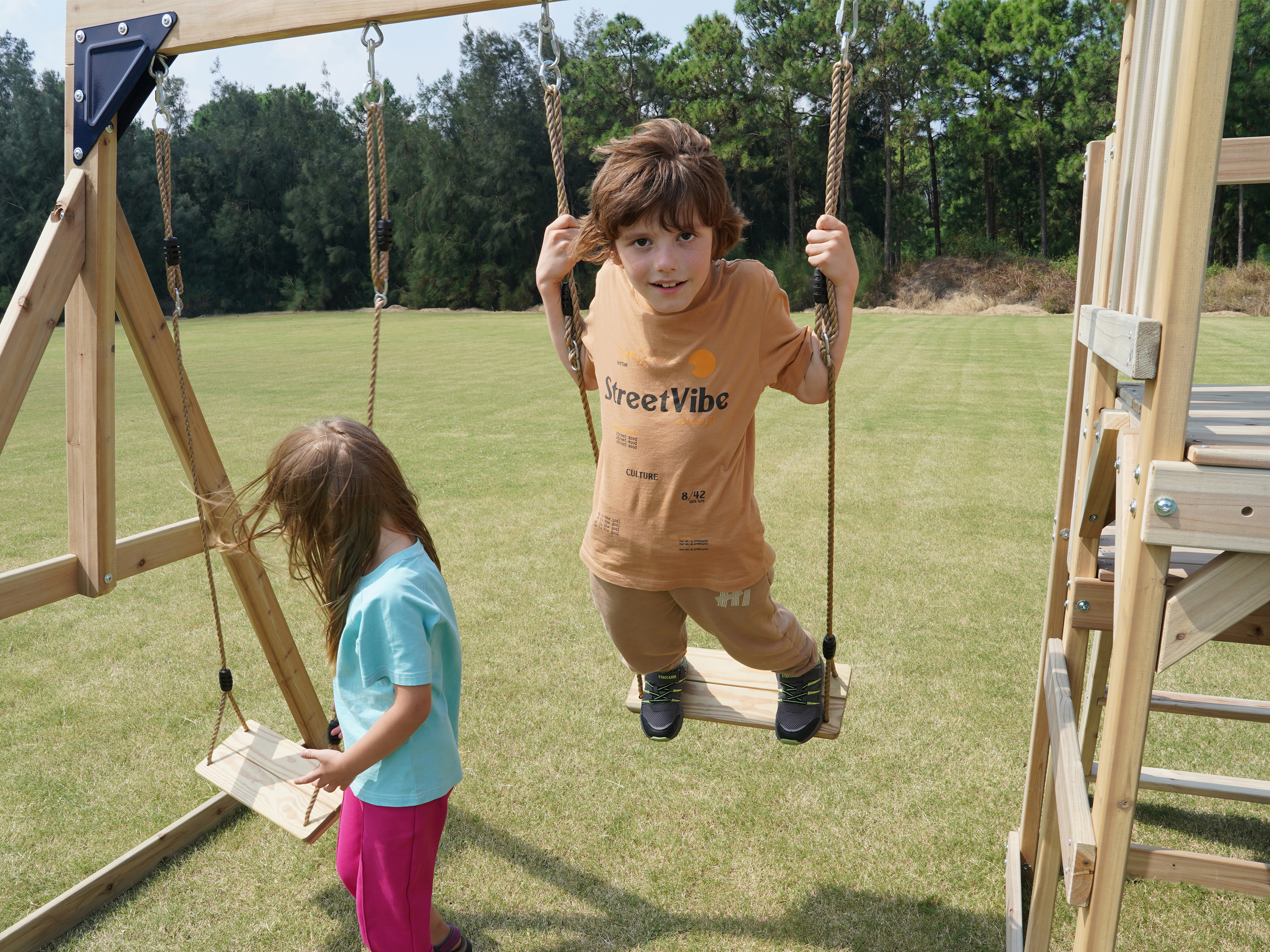 AXI Mette Climbing Frame with Double Swing Set and Picnic Table - Cream Slide