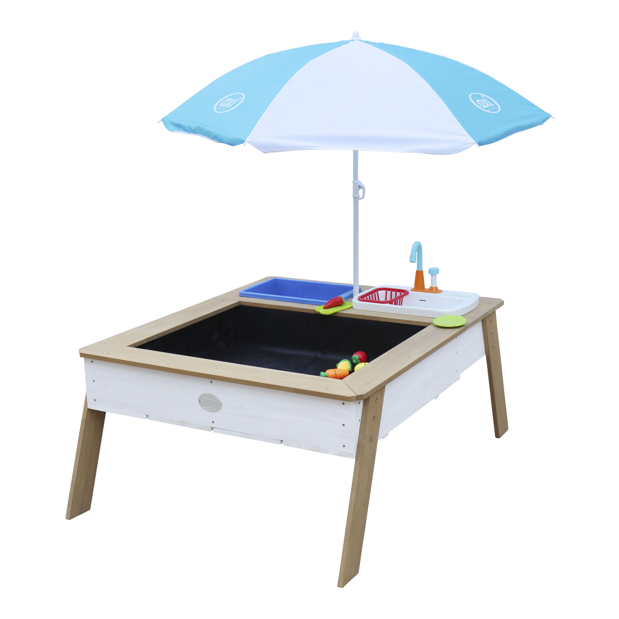 AXI Linda Zand & Water Tafel met Speelkeuken wastafel Bruin/wit - Parasol Blauw/wit