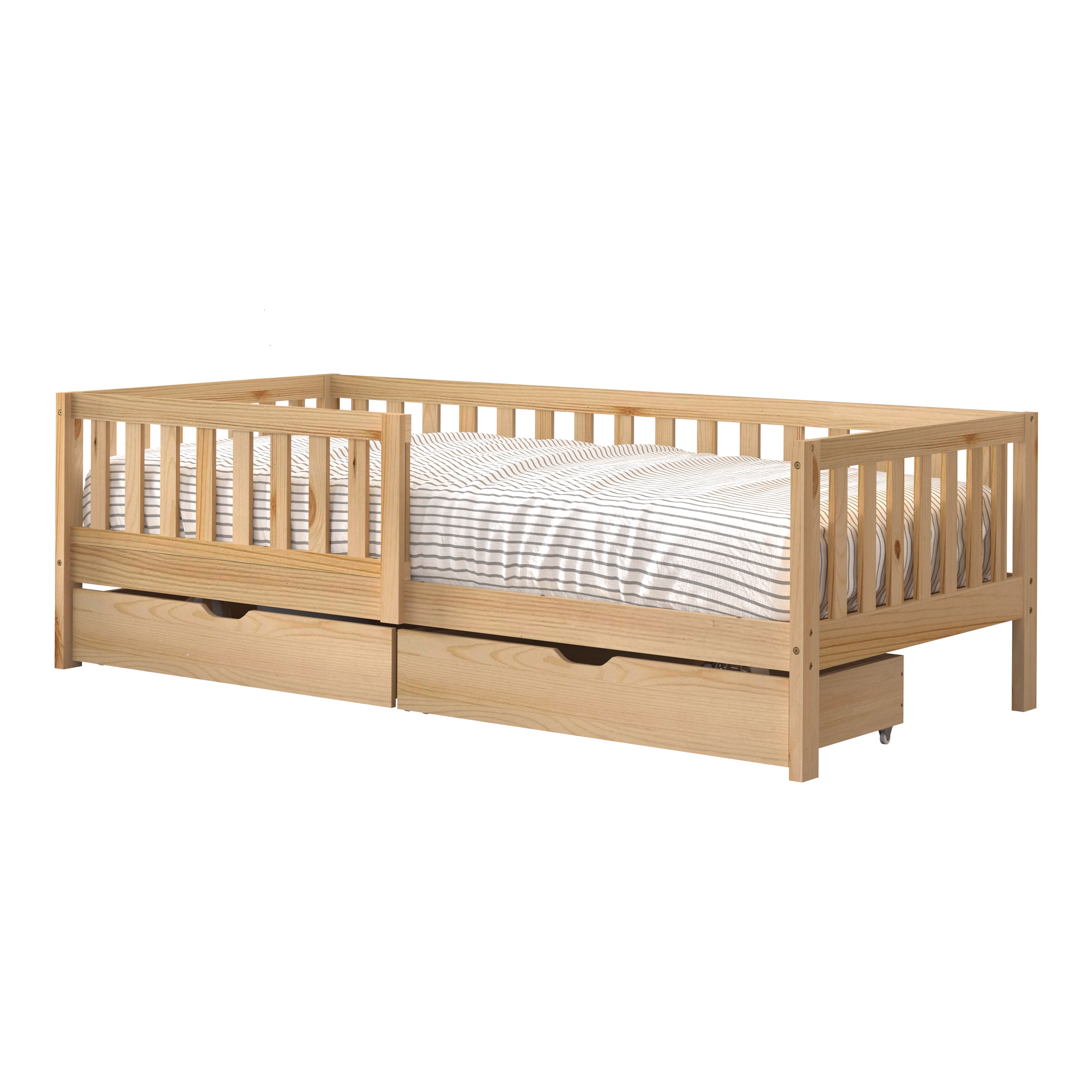 Sunny Isa Kids Bed with 2 Storage Drawers and Guardrail Natural – With Mattress