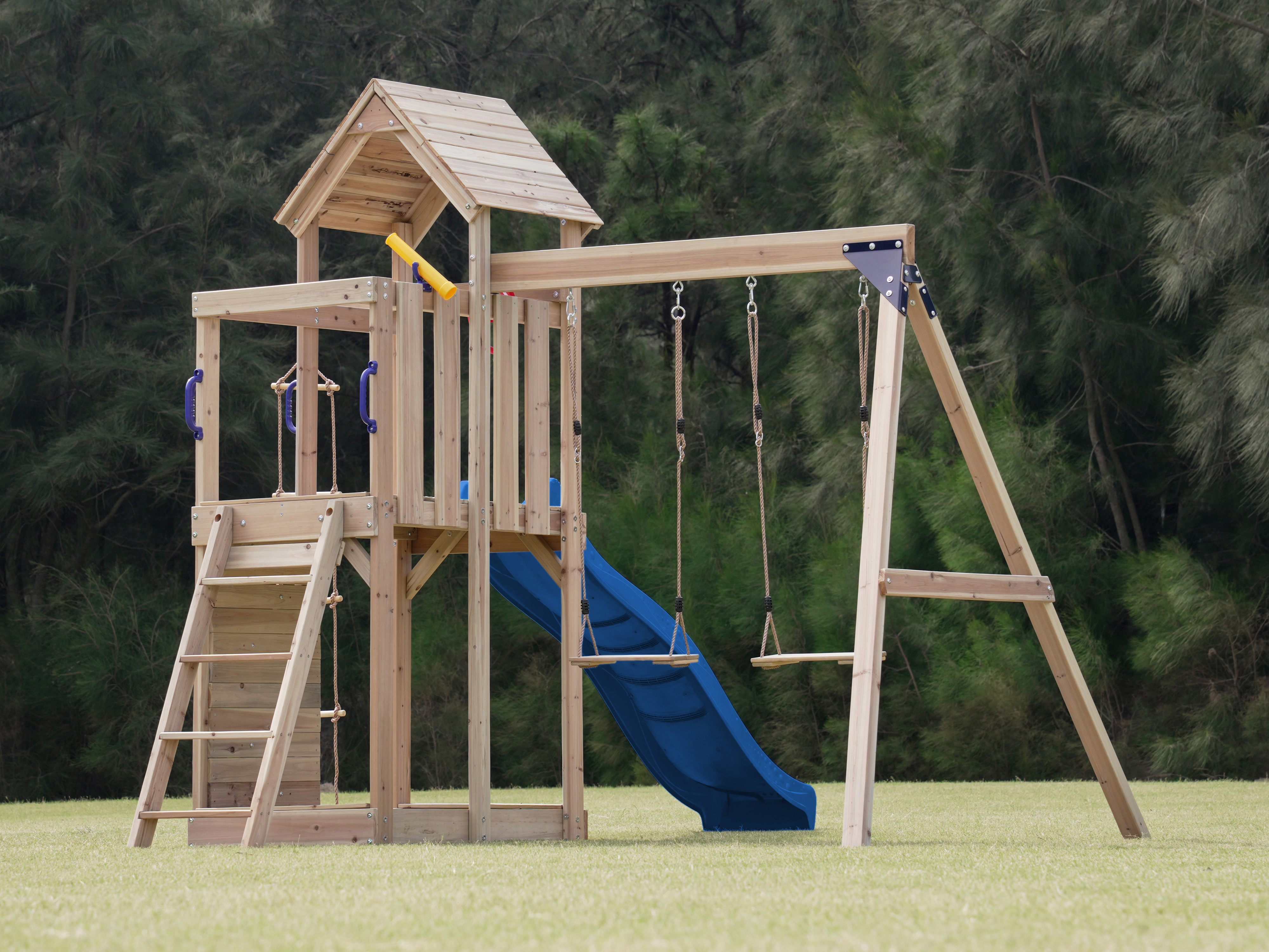 AXI Moos Play Set with Double Swing and Rope Ladder Brown - Blue Slide -8720365062100 AXI Moos Play Set with Double Swing and Rope Ladder Brown - Blue Slide