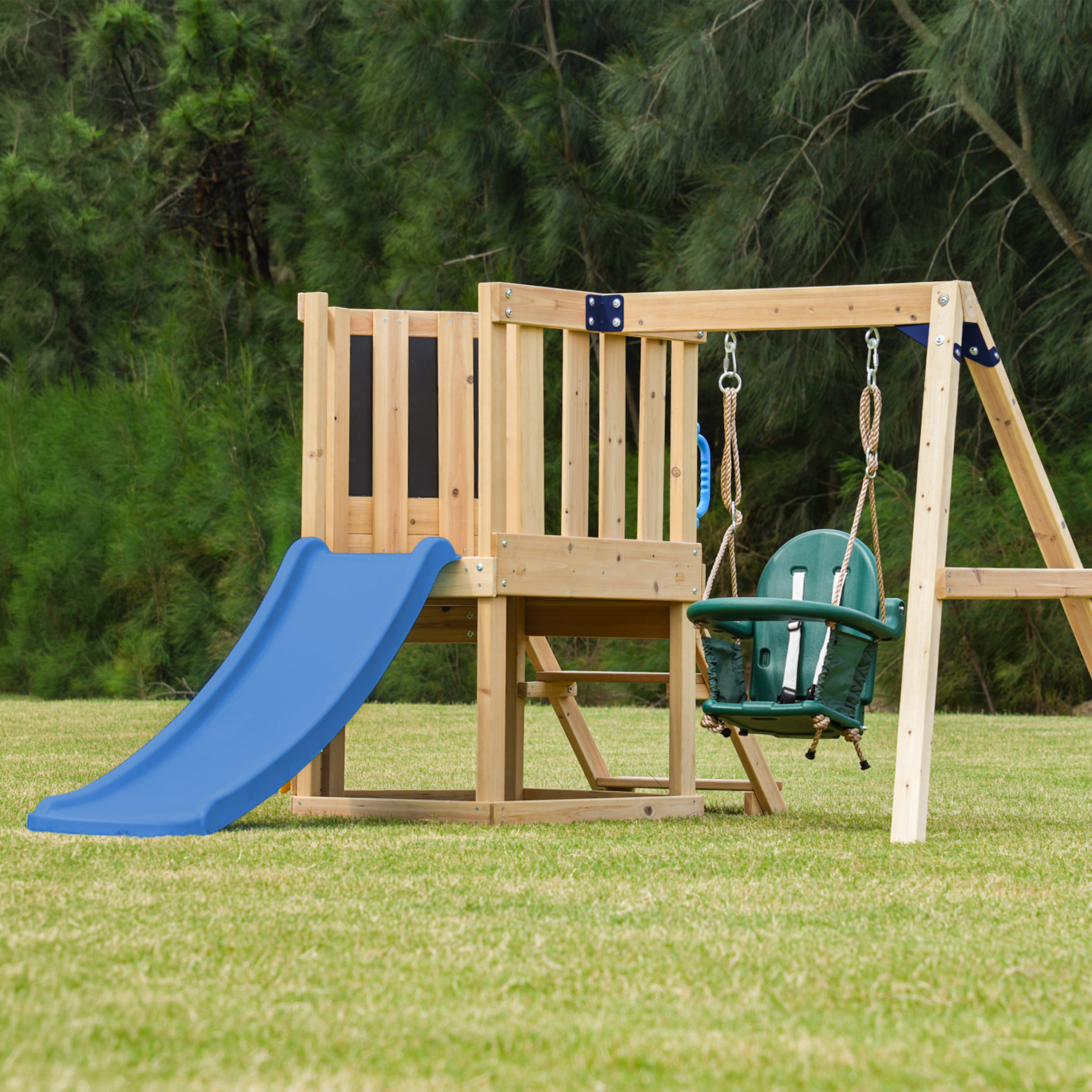 AXI Timo Mini Climbing Frame with Baby Swing. Climbing Wall and Chalkboard – Blue Slide