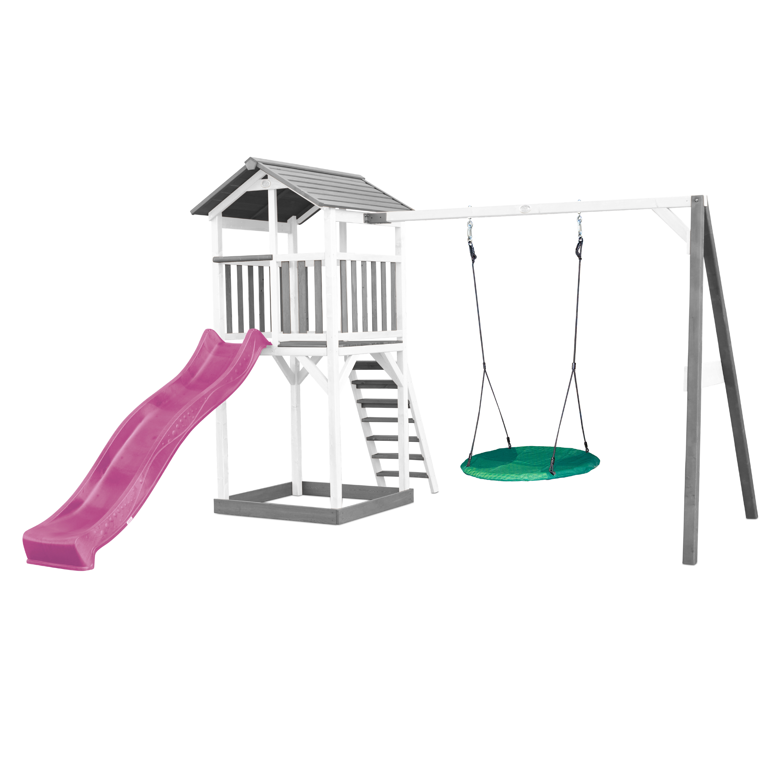 AXI Beach Tower with Summer Nest Swing Set Grey/White - Purple Slide-8720365060359 AXI Beach Tower with Summer Nest Swing Set Grey/White - Purple Slide