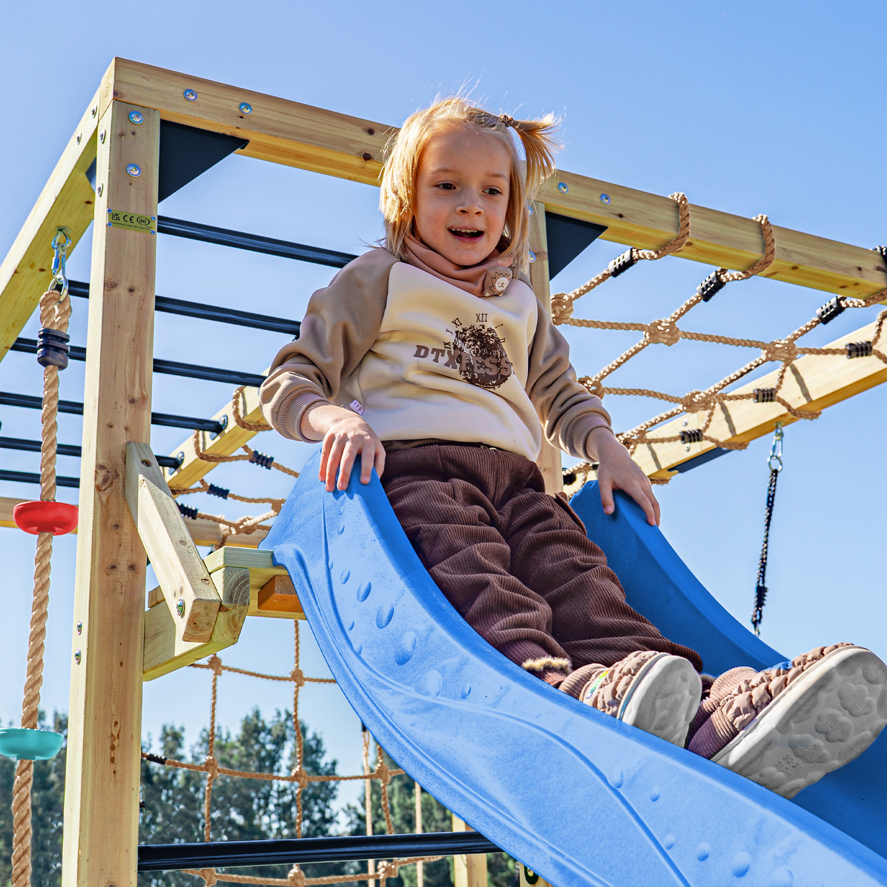 AXI Boris Wooden Playcentre with Swings. Trapeze. Climbing Nets and Monkey Bars – Blue Slide