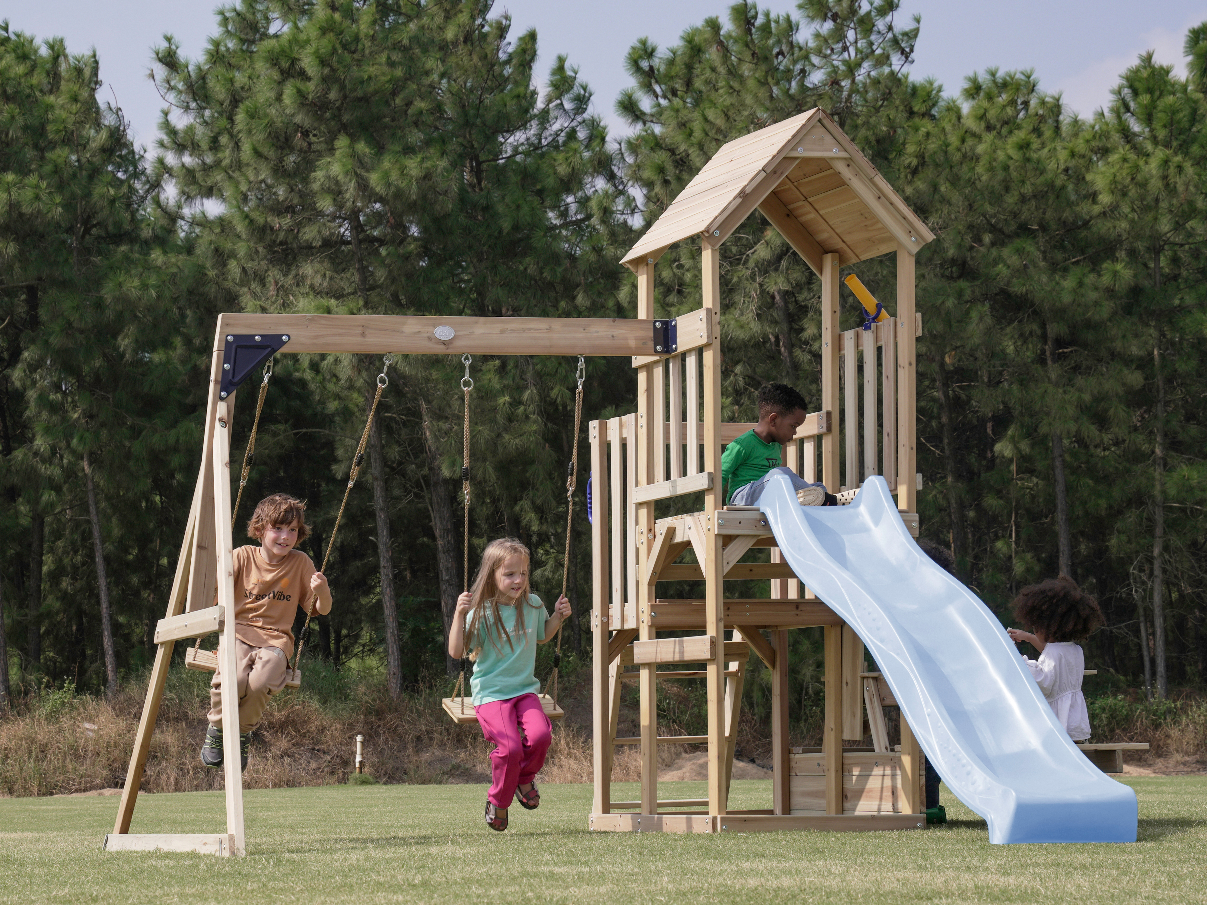 AXI Mette Climbing Frame with Double Swing Set and Picnic Table - Pastel Blue Slide