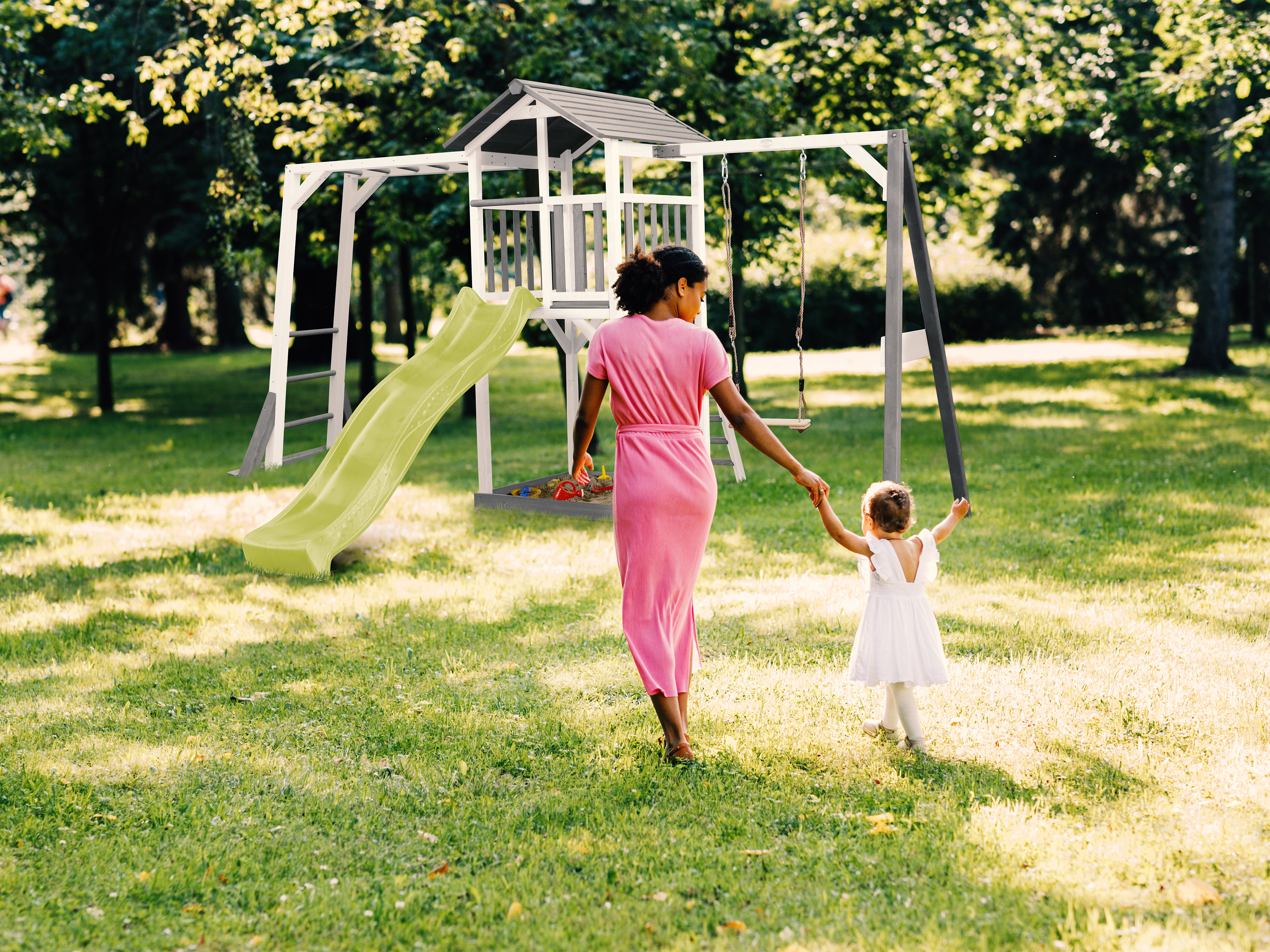 AXI Beach Tower with Climbing Frame and Single Swing Set Grey/White - Lime Green Slide