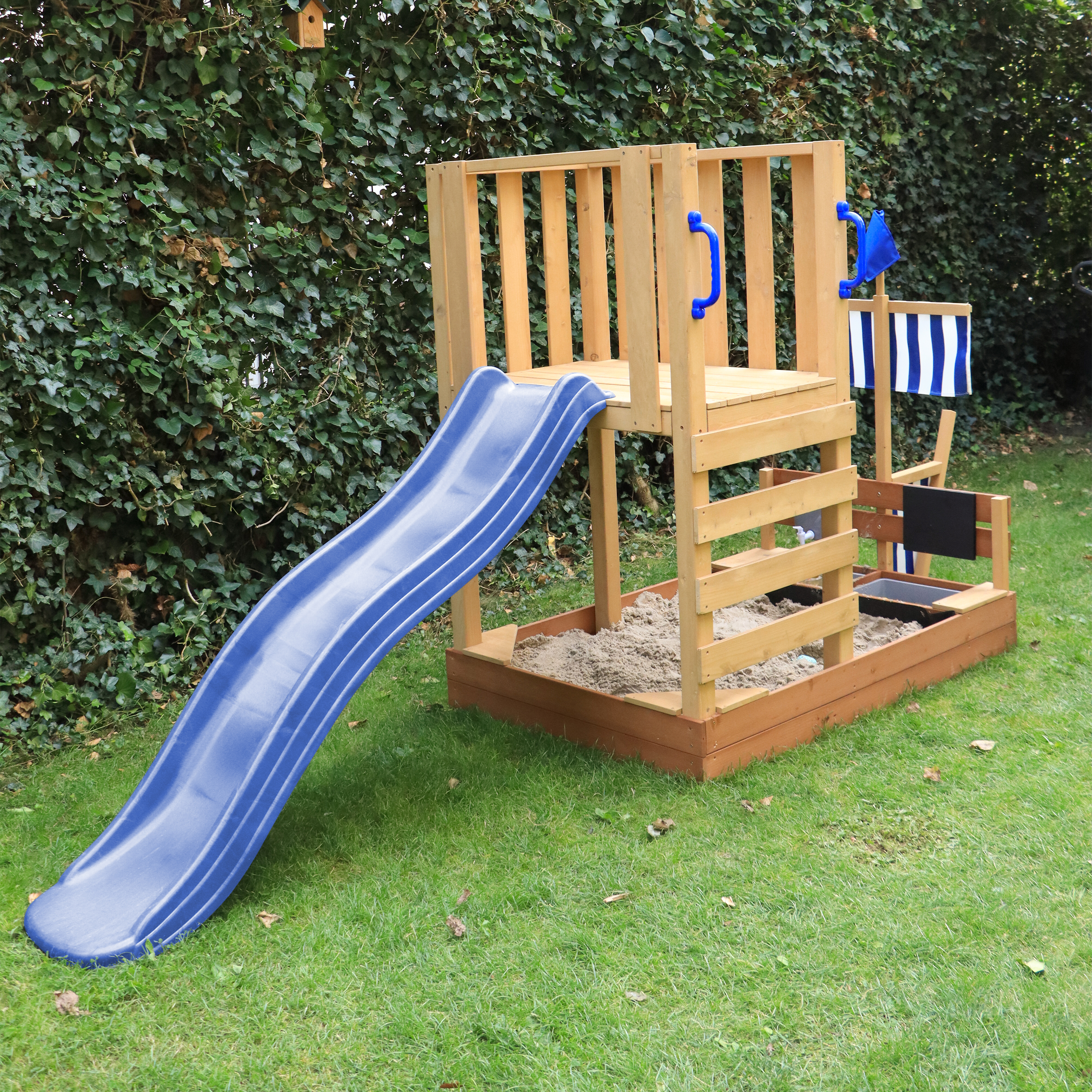 AXI Vicky Climbing Frame with Sandbox. Play Kitchen & Chalkboard – Blue Slide