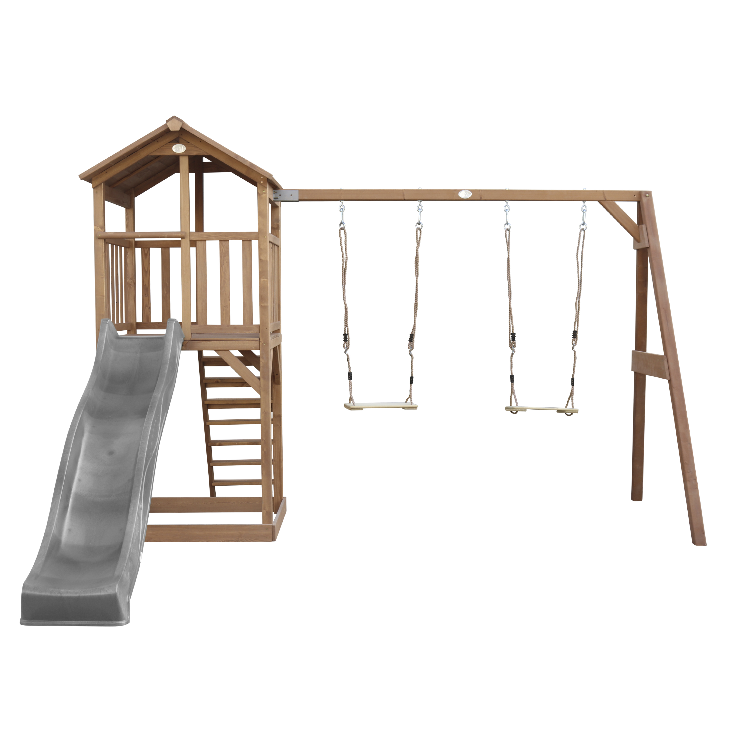 AXI Beach Tower with Double Swing Set Brown - Grey Slide-8717973939153 AXI Beach Tower with Double Swing Set Brown - Grey Slide