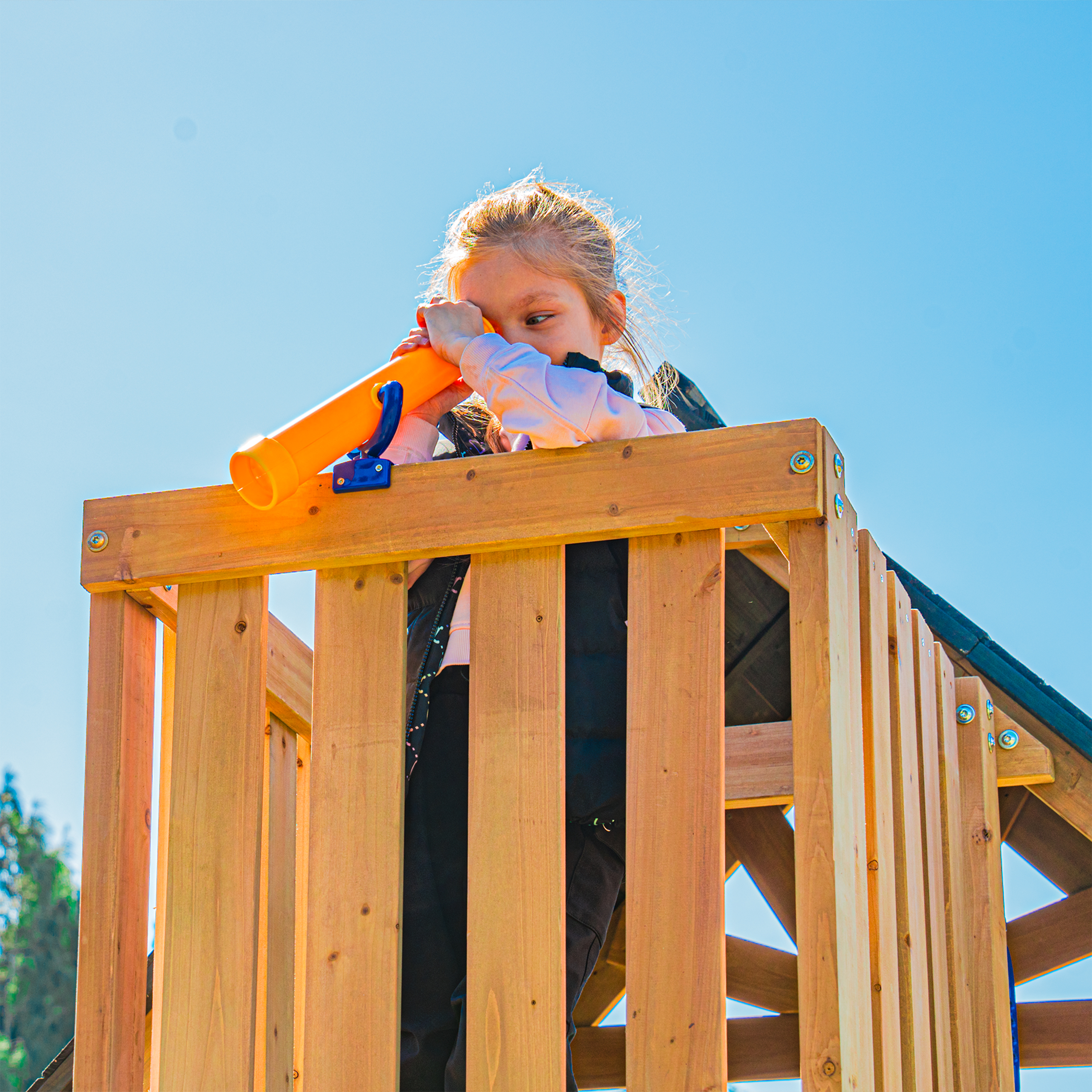 AXI Mitch Climbing Frame with Double Swing, Trapeze and Lookout Tower – Pastel Blue Slide
