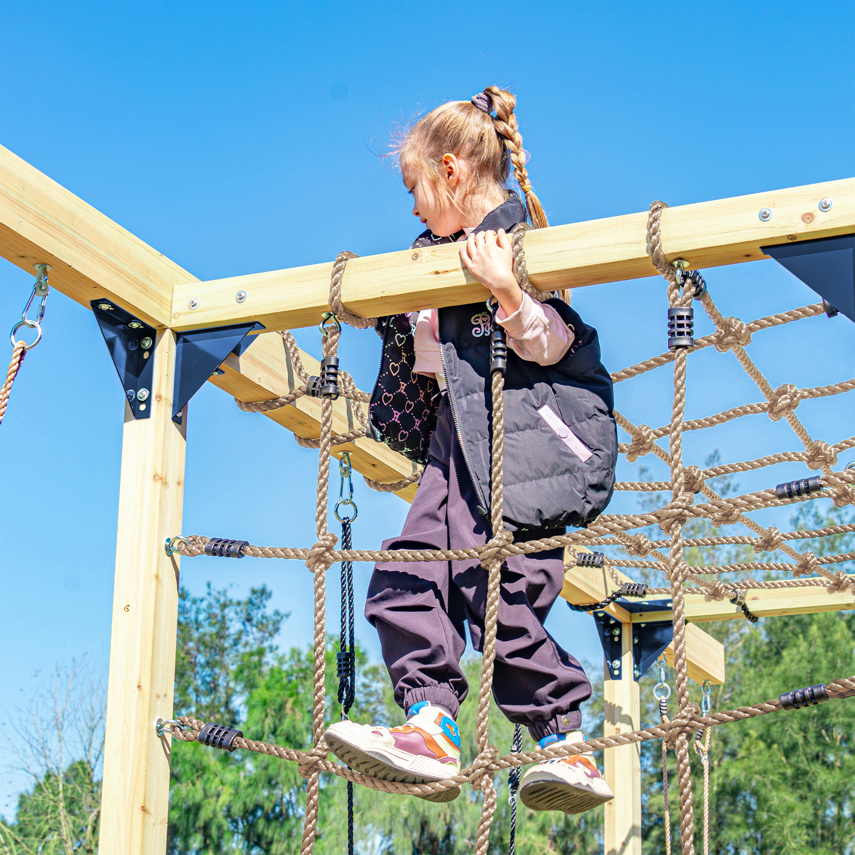 AXI Boris Wooden Playcentre with Swings. Trapeze. Climbing Nets and Monkey Bars – Red Slide