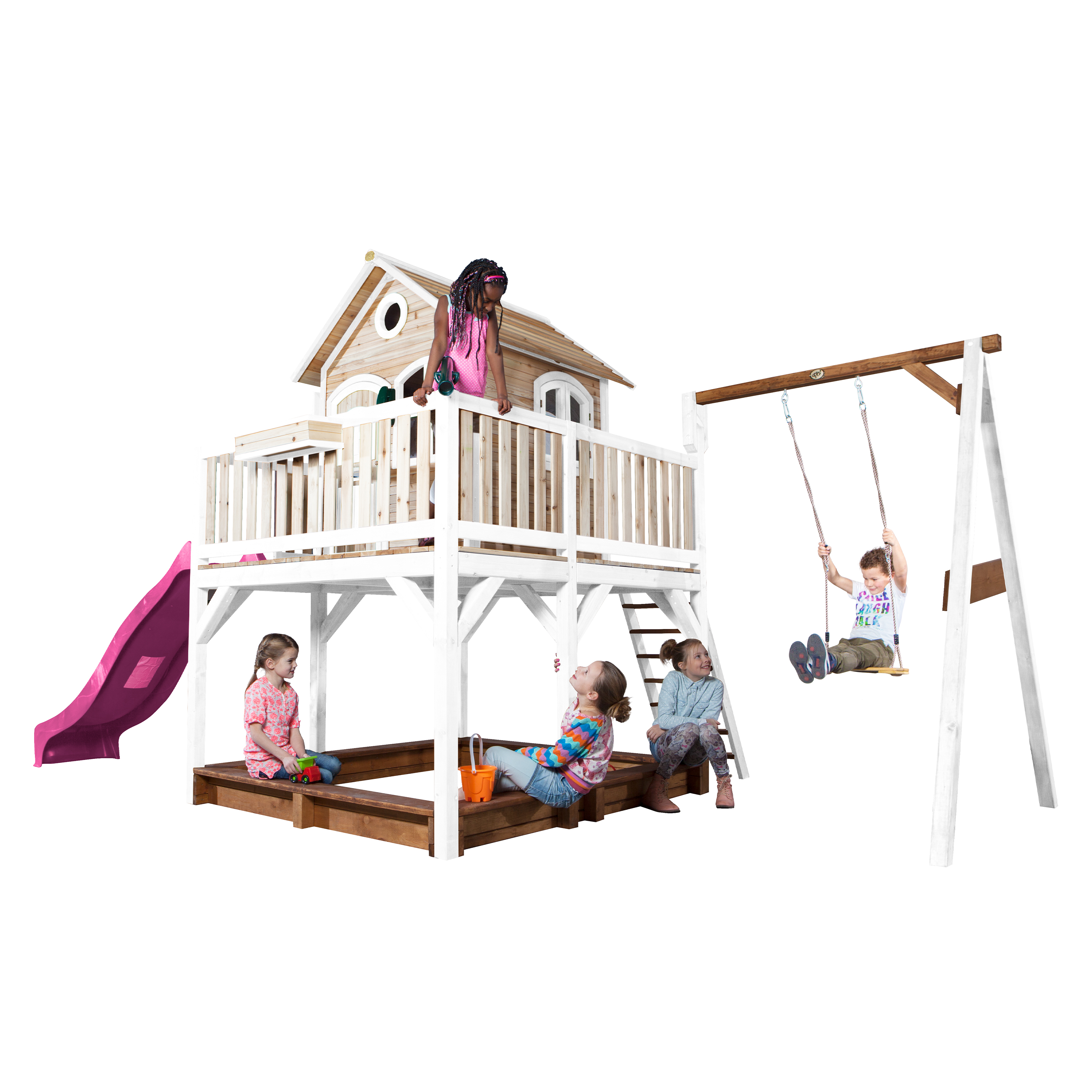 AXI Liam Playhouse with Single Swing Set Brown/White - Purple Slide