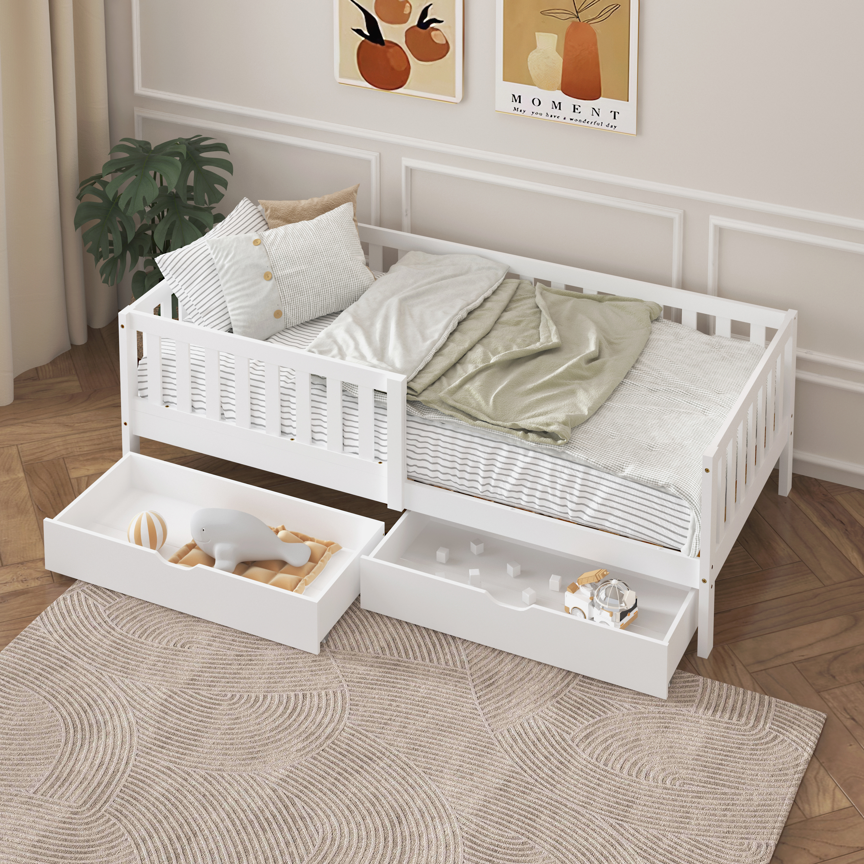 Sunny Isa Kids Bed with 2 Storage Drawers and Guardrail White – Without Mattress