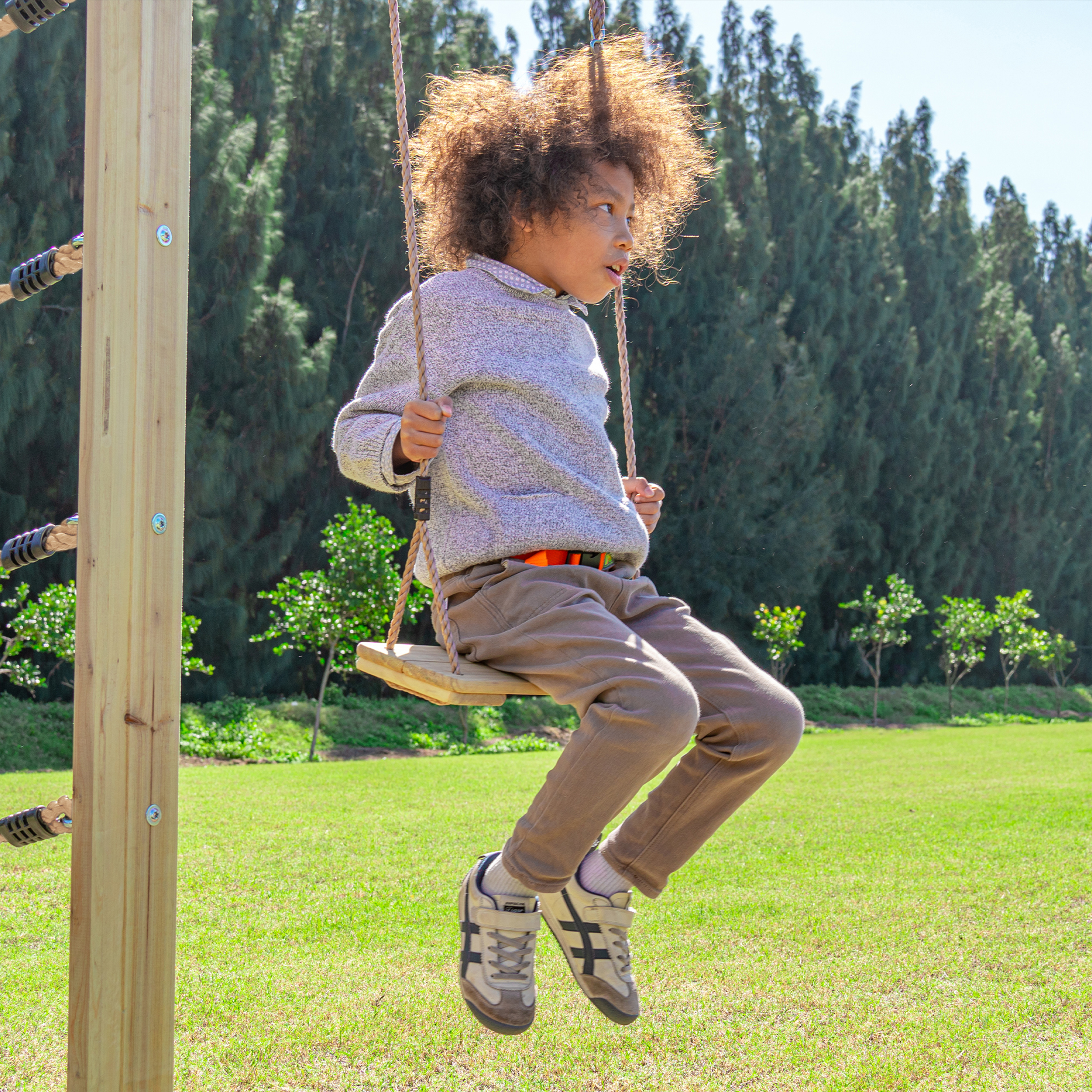 AXI Boris Wooden Playcentre with Swings. Trapeze. Climbing Nets and Monkey Bars – Purple Slide