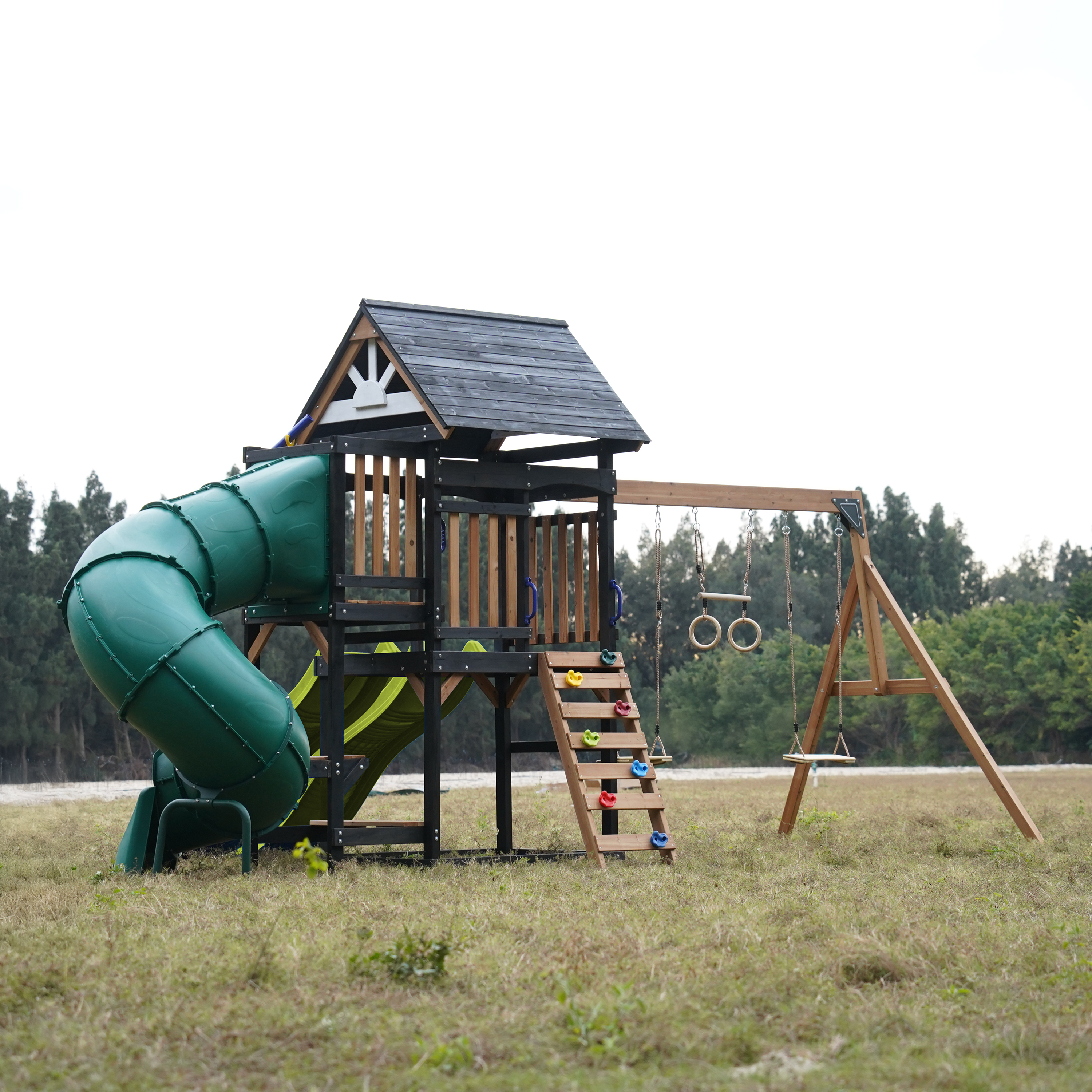 AXI Cody Climbing Frame with Swings, Trapeze and Climbing Wall – Lime Green Double Slide and Tube Slide