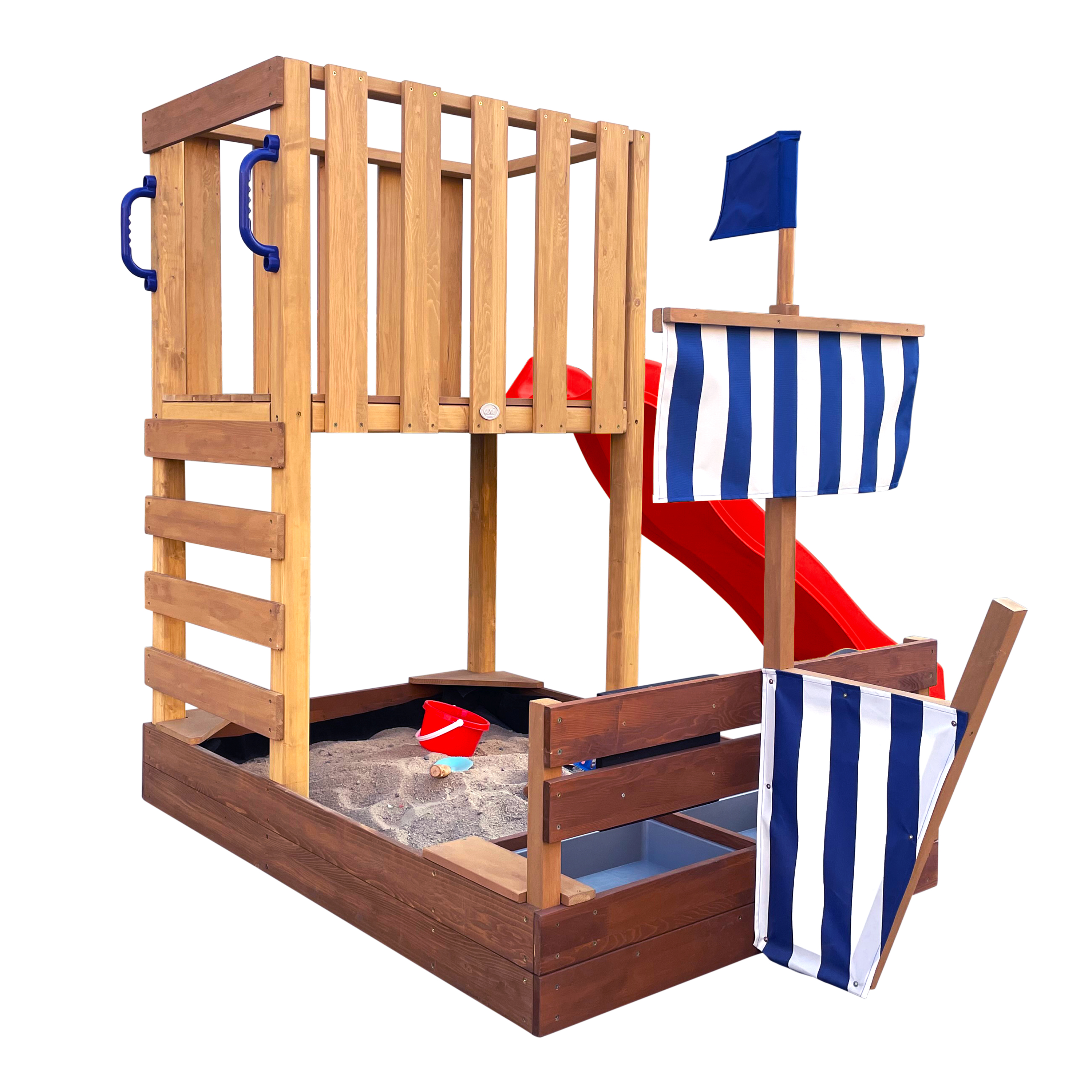 AXI Vicky Climbing Frame with Sandbox. Play Kitchen & Chalkboard – Red Slide