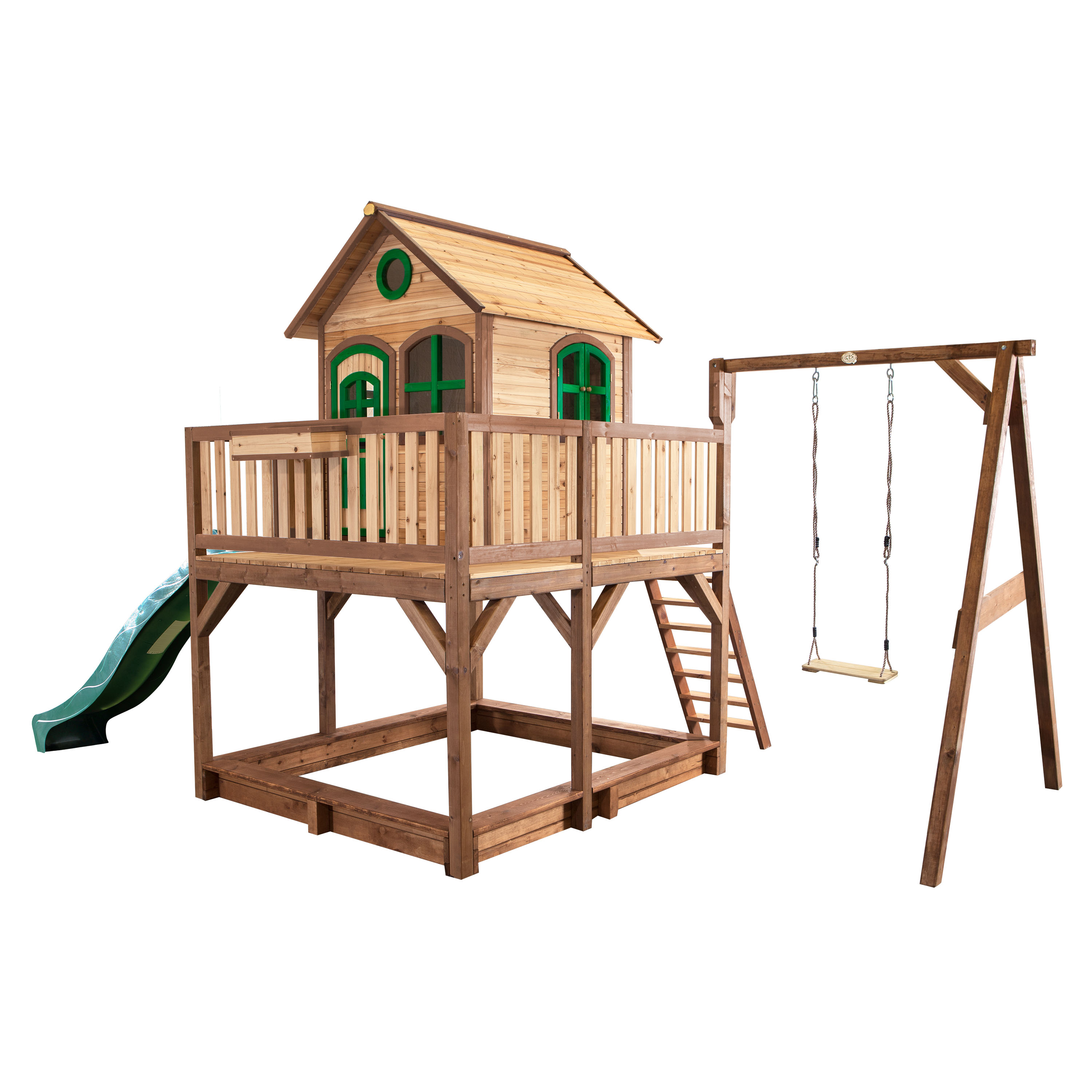 AXI Liam Playhouse with Single Swing Set Brown/Green - Green Slide-8717973931294 AXI Liam Playhouse with Single Swing Set Brown/Green - Green Slide