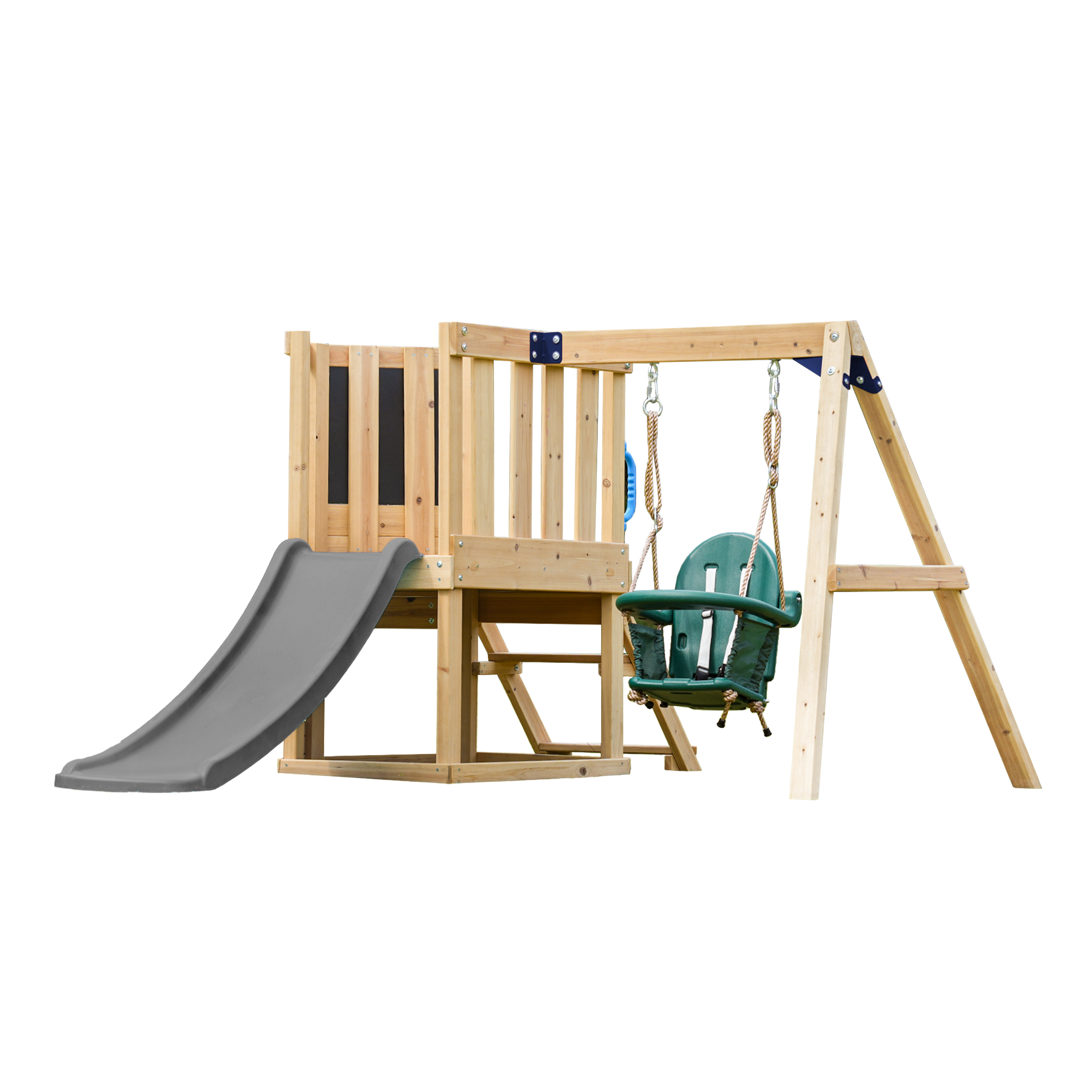 AXI Timo Mini Climbing Frame with Baby Swing. Climbing Wall and Chalkboard – Grey Slide
