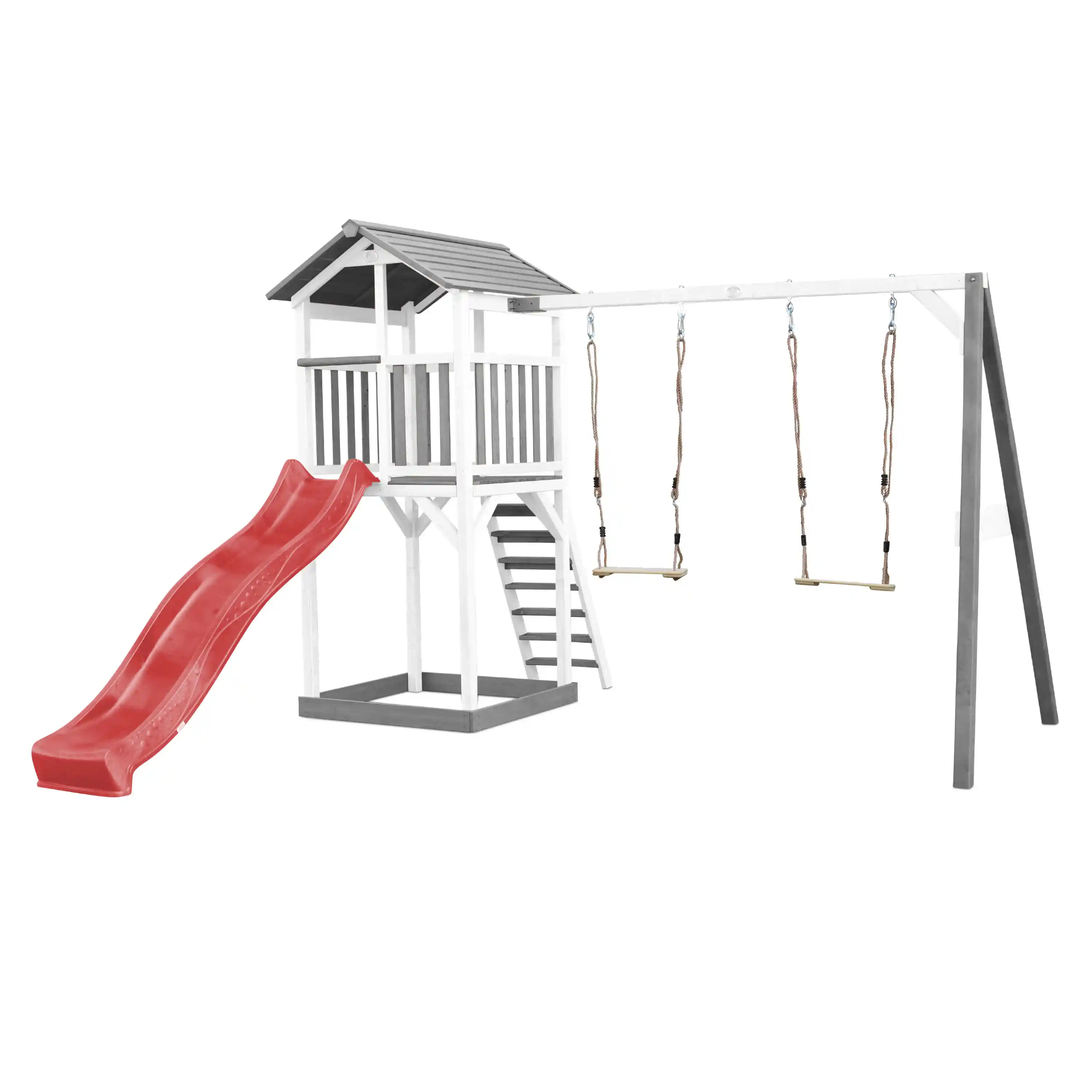 AXI Beach Tower Speeltoren met Dubbele Schommel Grijs/wit - Rode Glijbaan