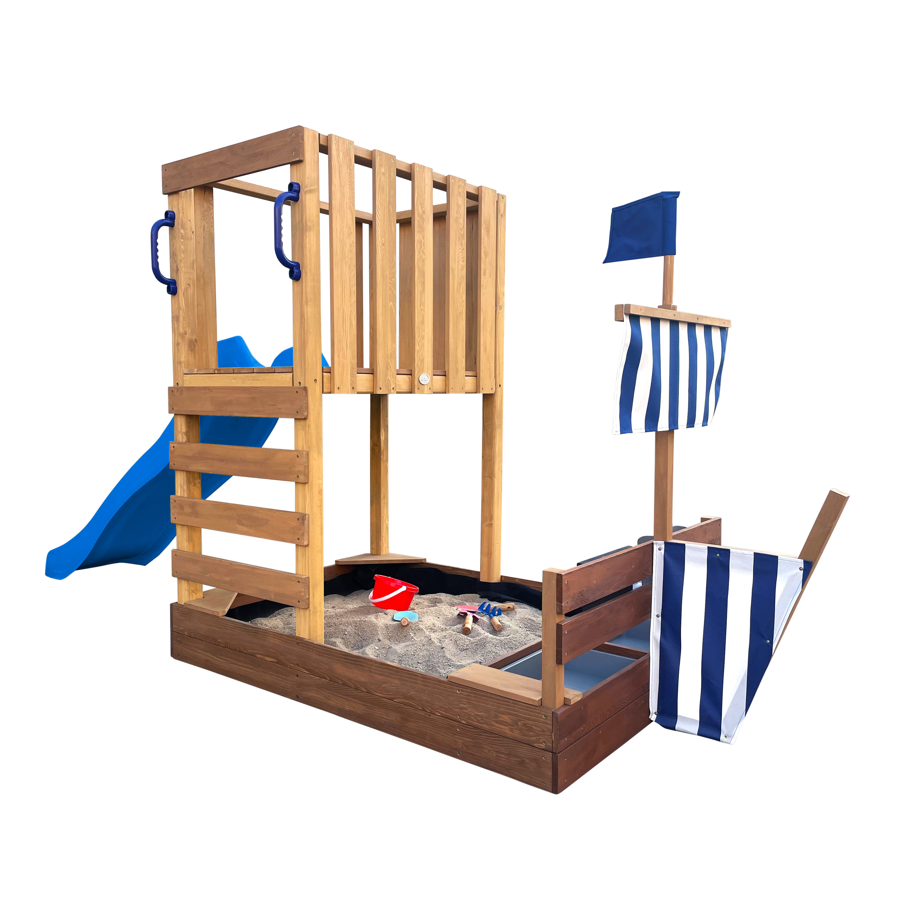 AXI Vicky Climbing Frame with Sandbox. Play Kitchen & Chalkboard – Blue Slide