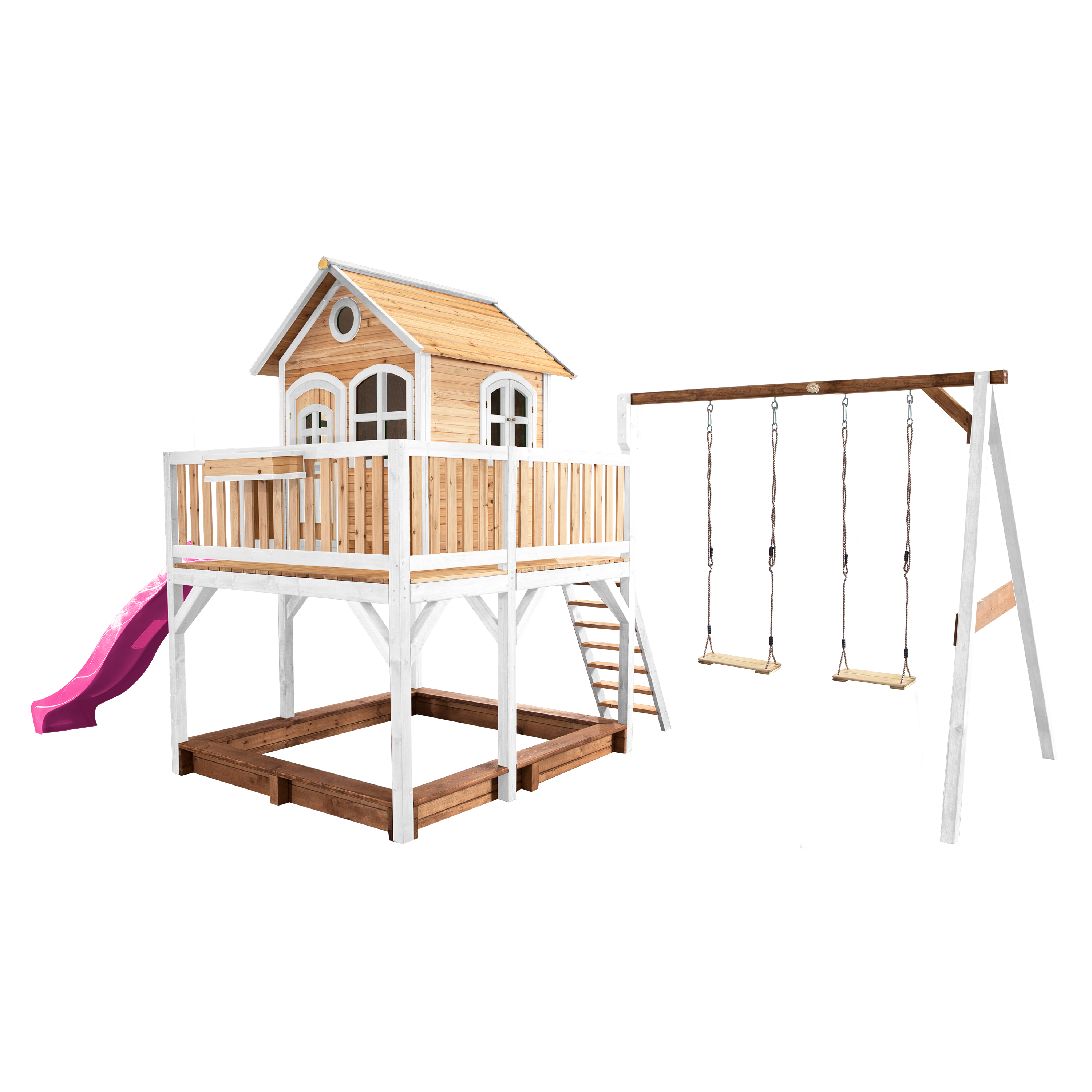AXI Liam Playhouse with Double Swing Set Brown/White - Purple Slide-8717973933533 AXI Liam Playhouse with Double Swing Set Brown/White - Purple Slide
