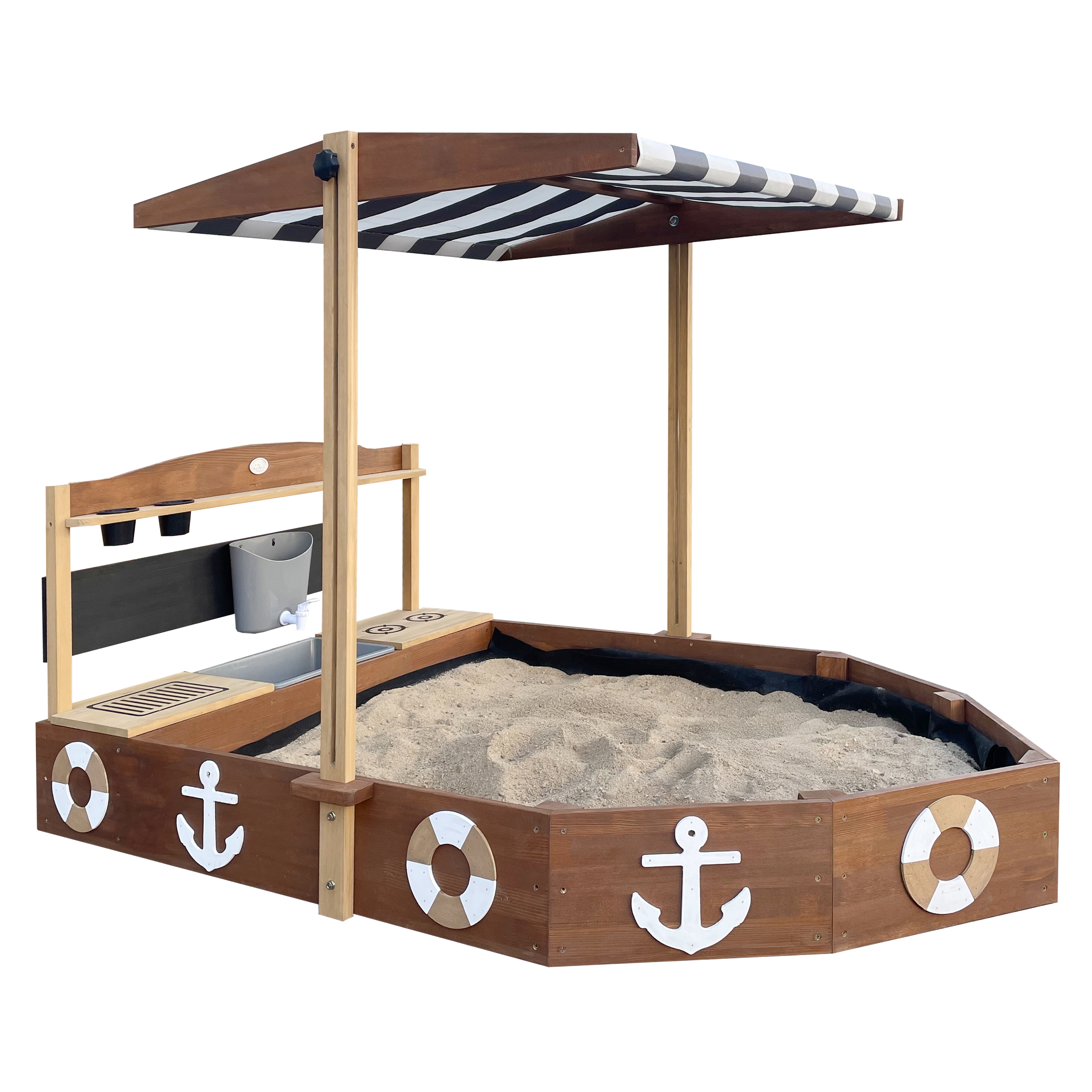 AXI Dora Boat Sandbox with Play Kitchen and Roof 160 x 100 cm Brown/Anthracite