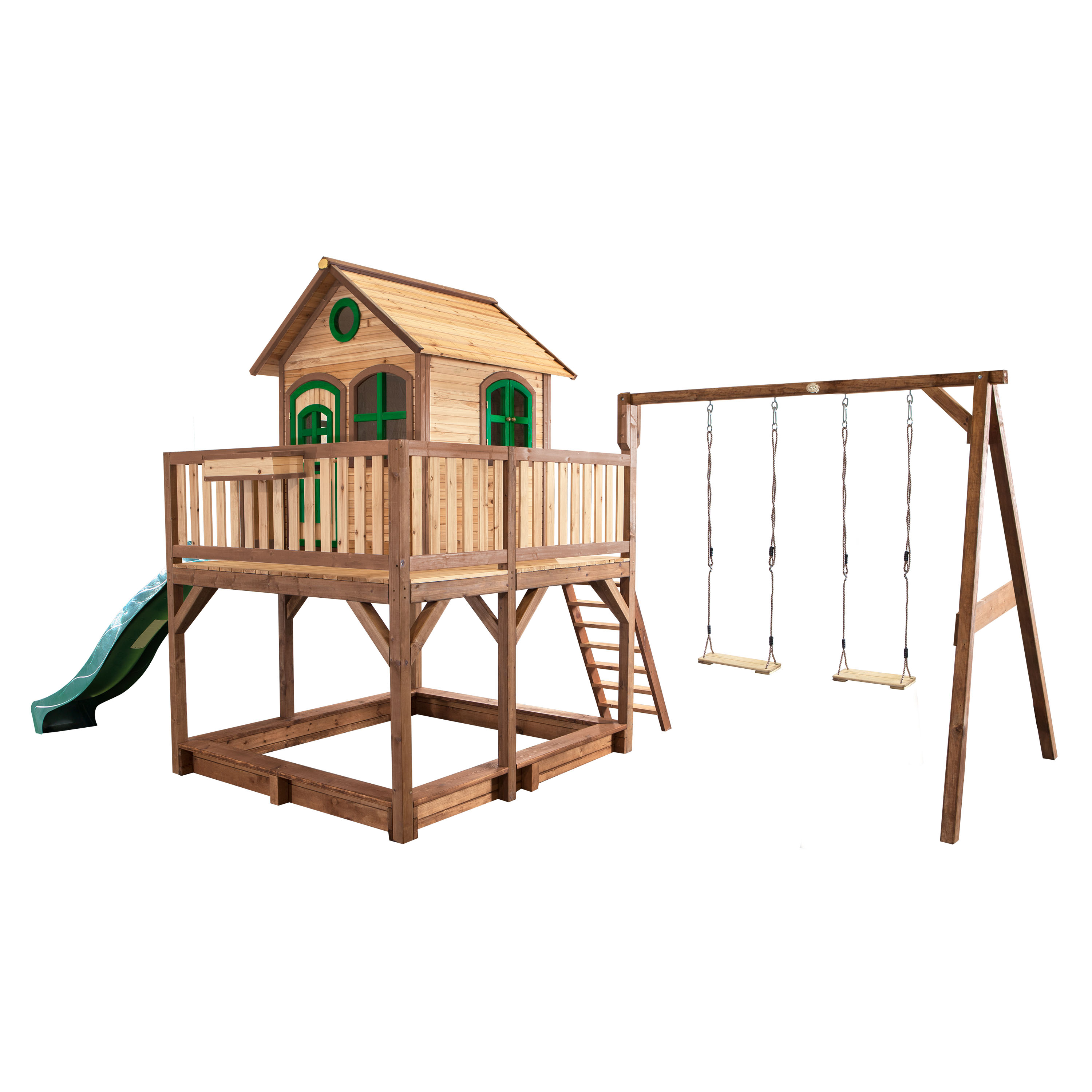 AXI Liam Playhouse with Double Swing Set Brown/Green - Green Slide-8717973931300 AXI Liam Playhouse with Double Swing Set Brown/Green - Green Slide