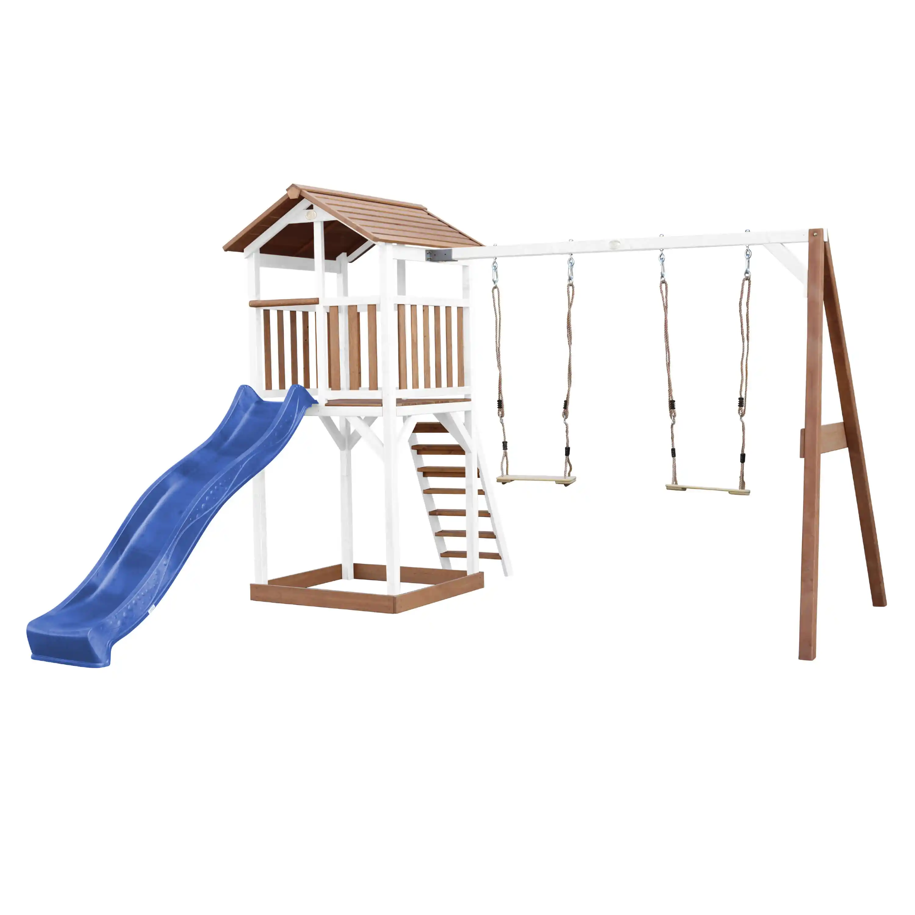 AXI Beach Tower Speeltoren met Dubbele Schommel Bruin/wit - Blauwe Glijbaan